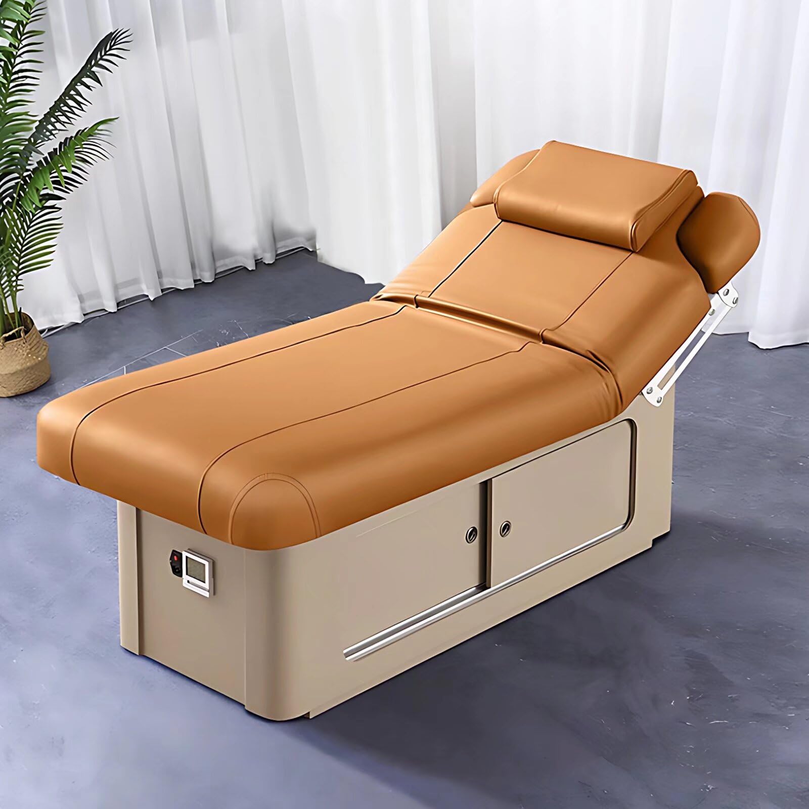 Massage Table-Electric Massage Table with Brown Luxury Style Beauty Bed Includes Smart Angle Adjustment One-Touch Heating Pneumatic Armrests