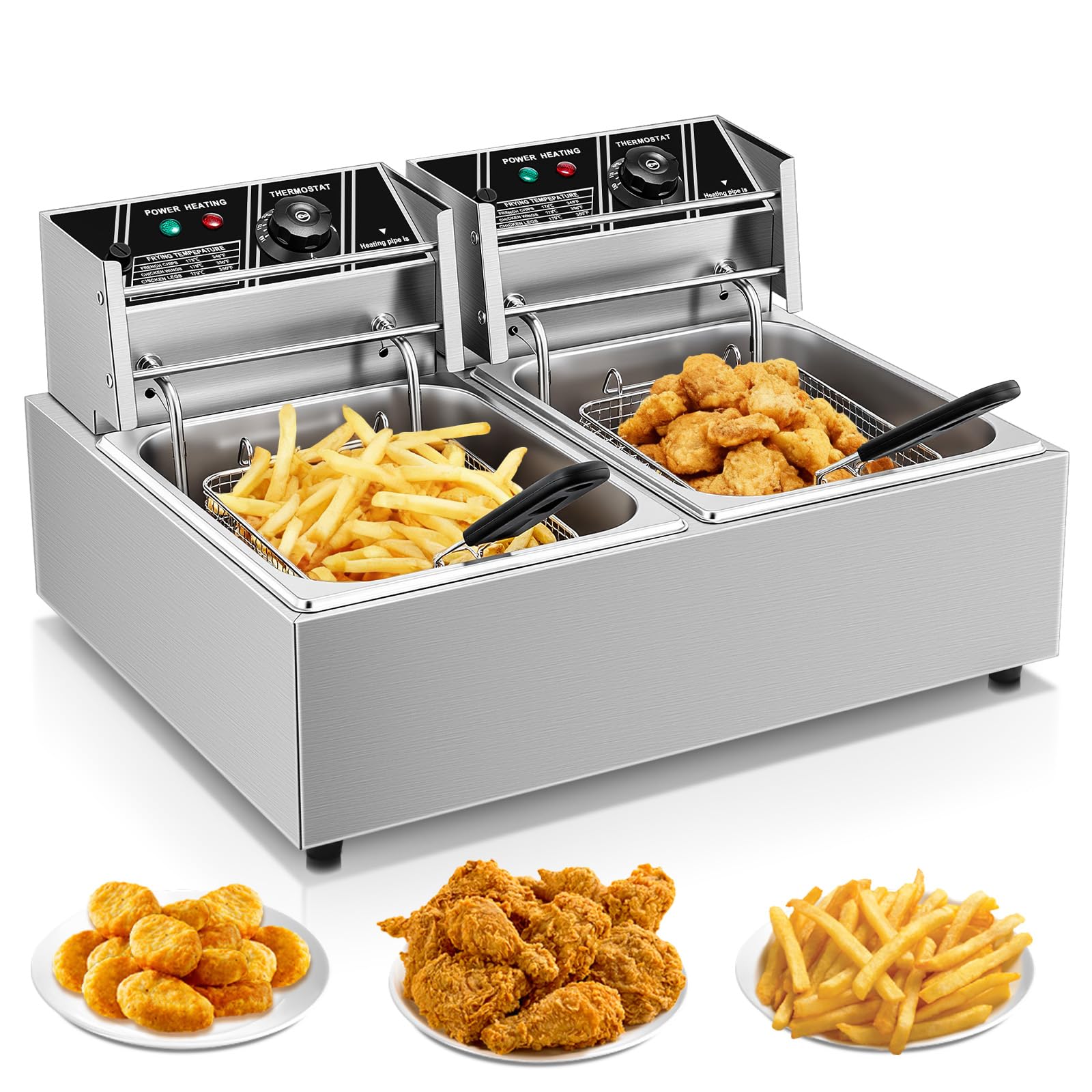 FOHERE Freidoras Aceite de 21.6L, Freidora Industriales Doble de Acero Inoxidable de 3400W con Cesta y Tapa, Temperatura Ajustable de 60-200°C, para Cocina, Restaurante, Fácil de Limpiar