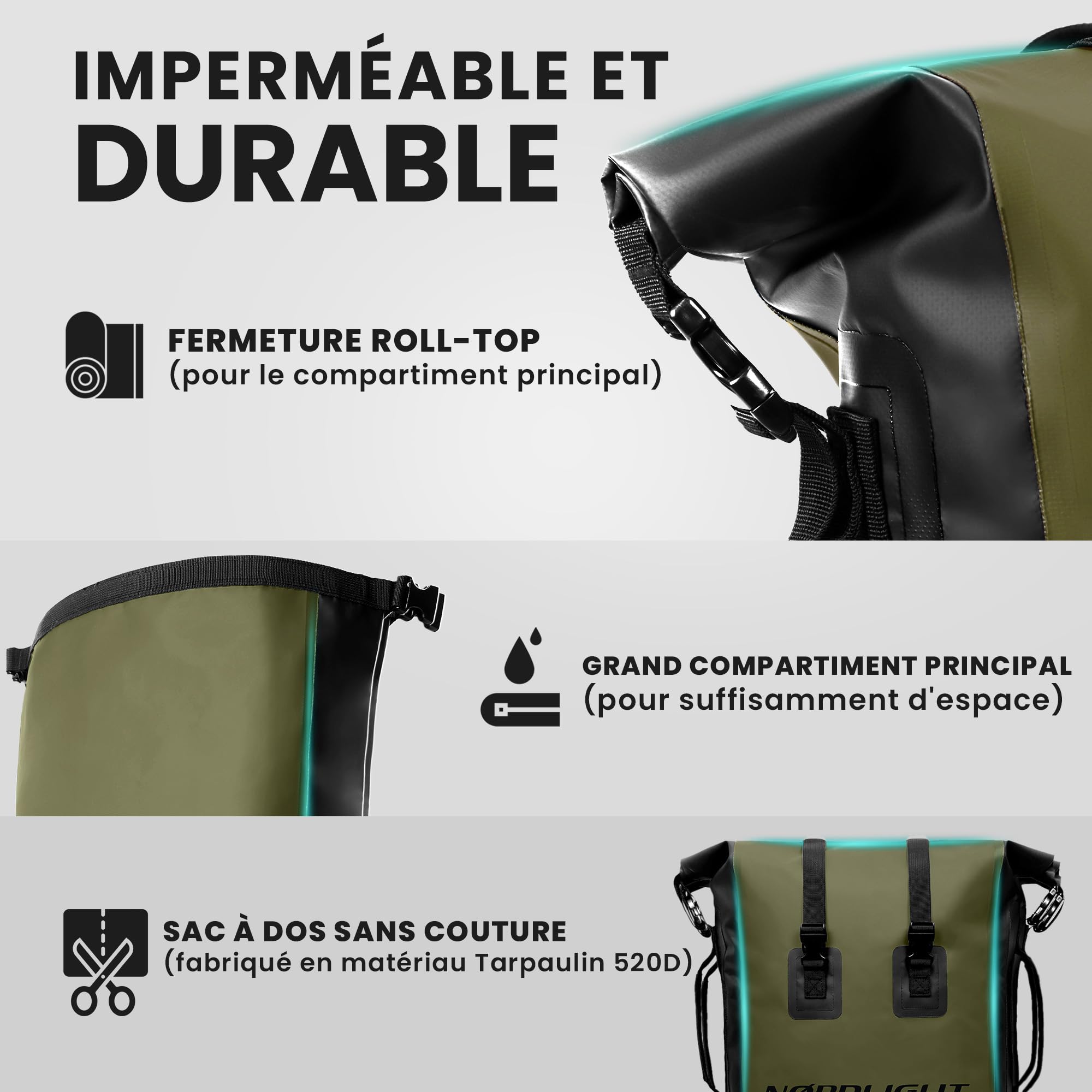 Nordlight Sac à dos étanche Dry Bag 35l - Roll Top Sac à Dos Avec Bandoulière Rembourrée, Sac à Dos Vélo, Sac à Dos Coursier, Trekking, Pêche