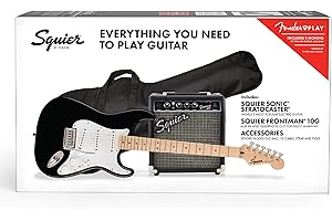 Squier Sonic Stratocaster Electric Guitar Kit, Maple Fingerboard, Black, Poplar Body, Maple...