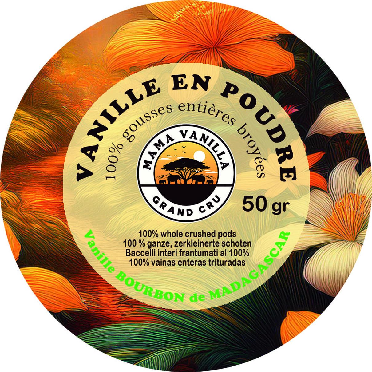 Polvere di vaniglia 100% naturale ricavata da baccelli di vaniglia interi e freschi schiacciati - Vaniglia Bourbon del Madagascar - Barattolo da 50 g - Senza additivi, senza zucchero, senza conservant