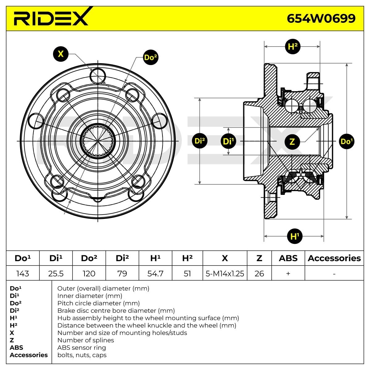 RIDEX 654W0699 Juego de cojinete de rueda Delantero, ambos lados Rodamiento integrado en buje de rueda Compatible con MINI Countryman R60