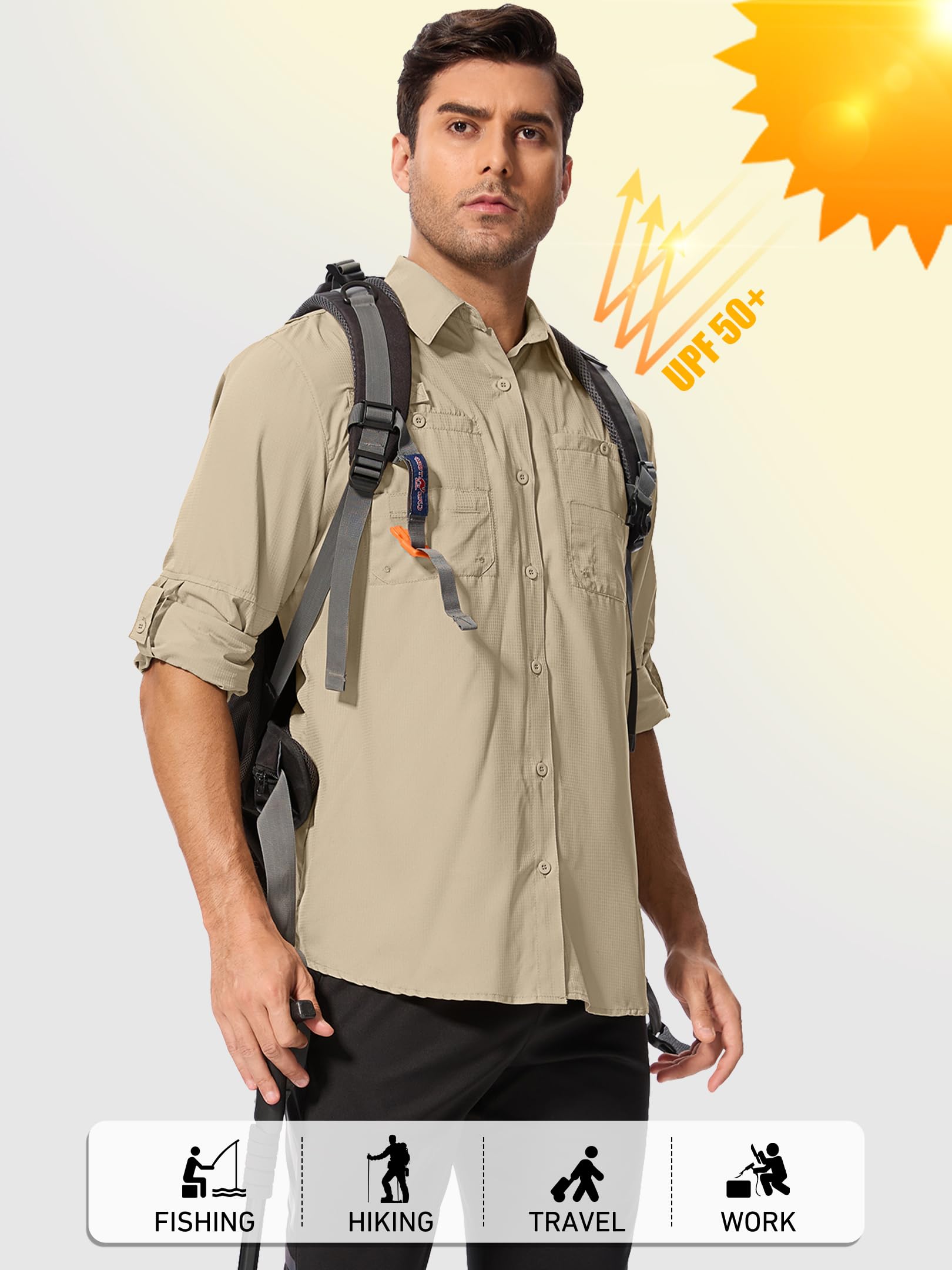 Camisas de Pesca de Manga Larga para Hombre, con protección Solar UPF 50+, Ligeras, de Secado rápido, Estilo Safari, para Acampar, Caqui, Large