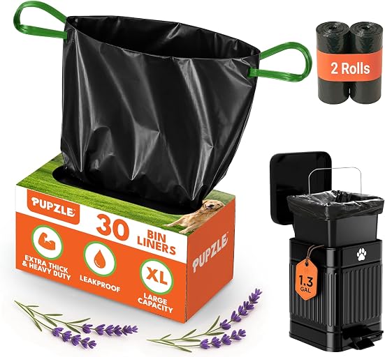 Pupzle 1.3 Gal Dog Poop Bin Liners, Trash Can Liners, 30 Count | Compatible with CEROELDA , Pupzle and AnimoGoods Dog Poop Bin, Trash Can Liners for Small Square Trash Can, Durable Leakproof