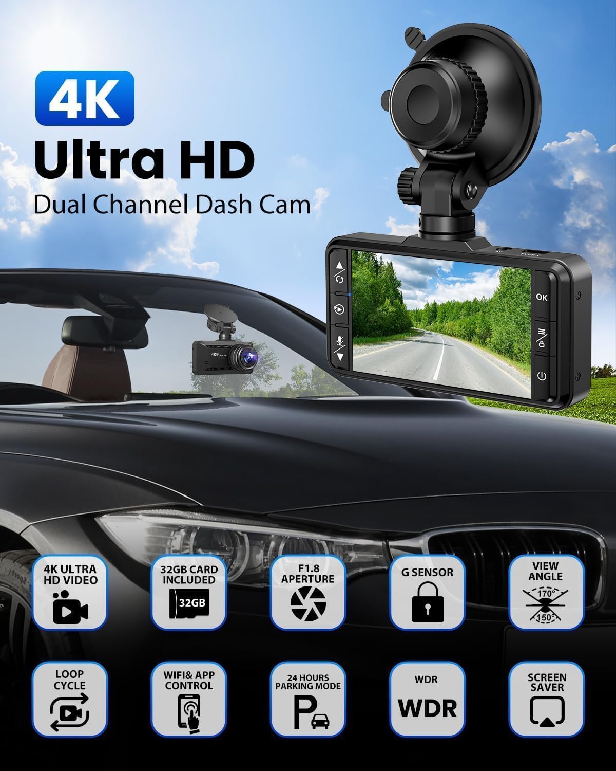 Dash Cam Front and Rear 4K/1080P, Dash Camera for Cars Build in WiFi, Full HD Dash Cam with APP Control, 3.94'' IPS Screen Dash Camera with 32GB SD Card, G-Sensor, Loop Recording (Dark Grey)