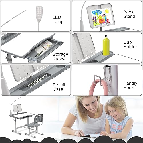 Miniatura 13 de Escritorio escolar para niños con 3 modos de luz LED, escritorio de altura ajustable para dormitorio de niños con escritorio inclinable, escritorio