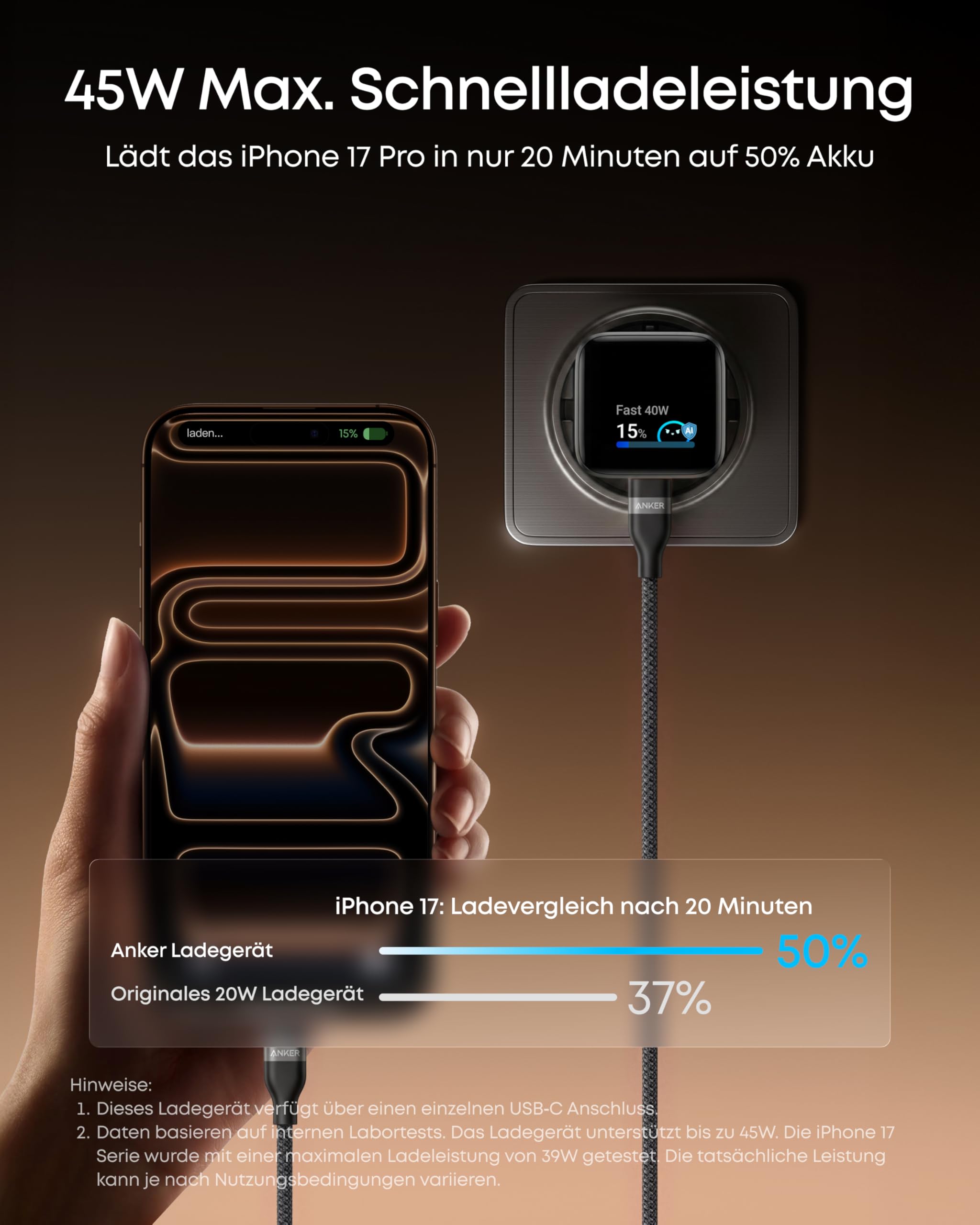 Anker Smart Ladegerät Nano 45W USB C GaN Schnellladegerät mit Display und Schonmodus für iPhone 17/16/15 iPad MacBook