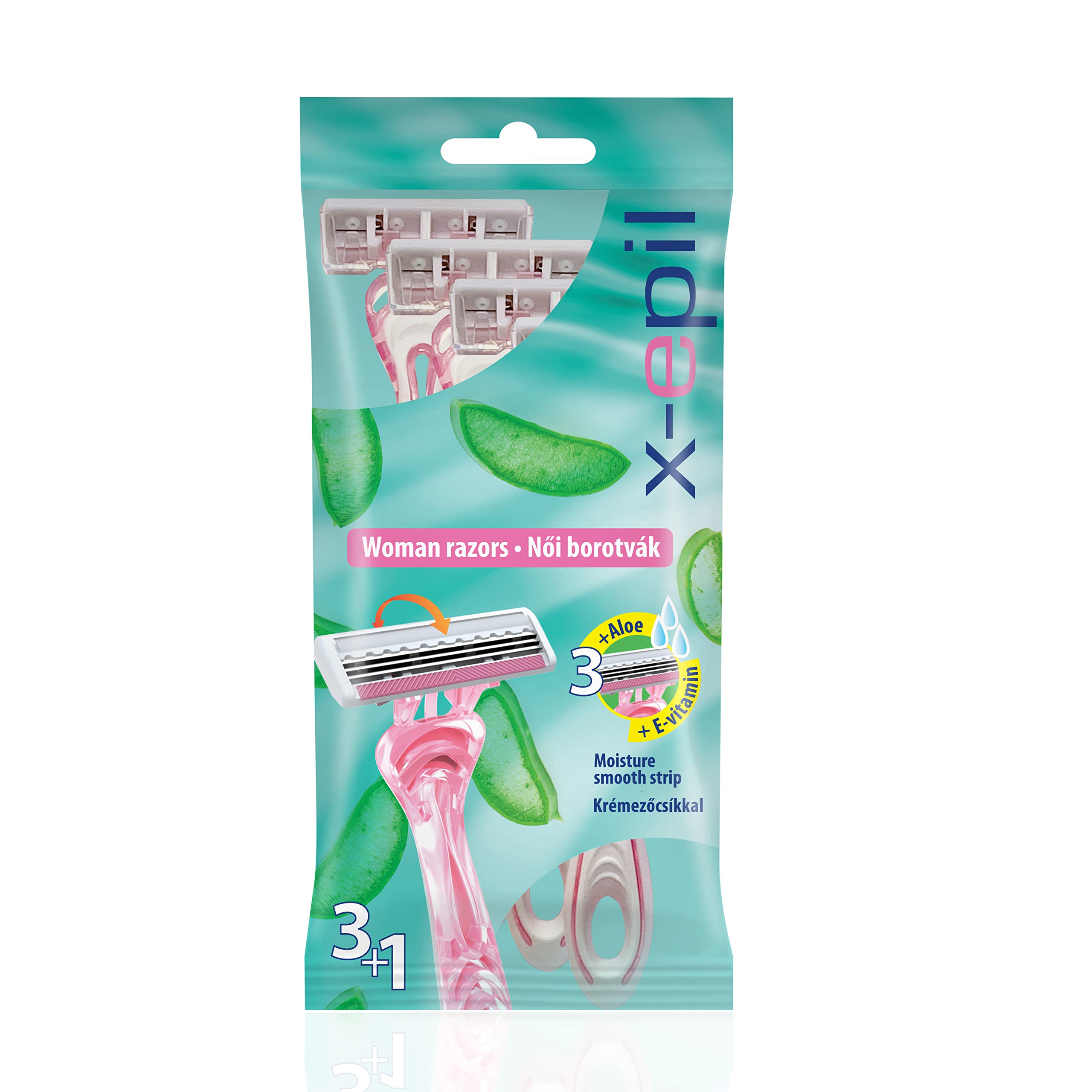 X-Epil Disposable Woman Razors Triple Blade The Luricating Strip Soaked in Aloe Vera and Vitamin E Promotes Easier Glide For the blades, Beside Its Moisturizing And Calming Effect (3 Pack)