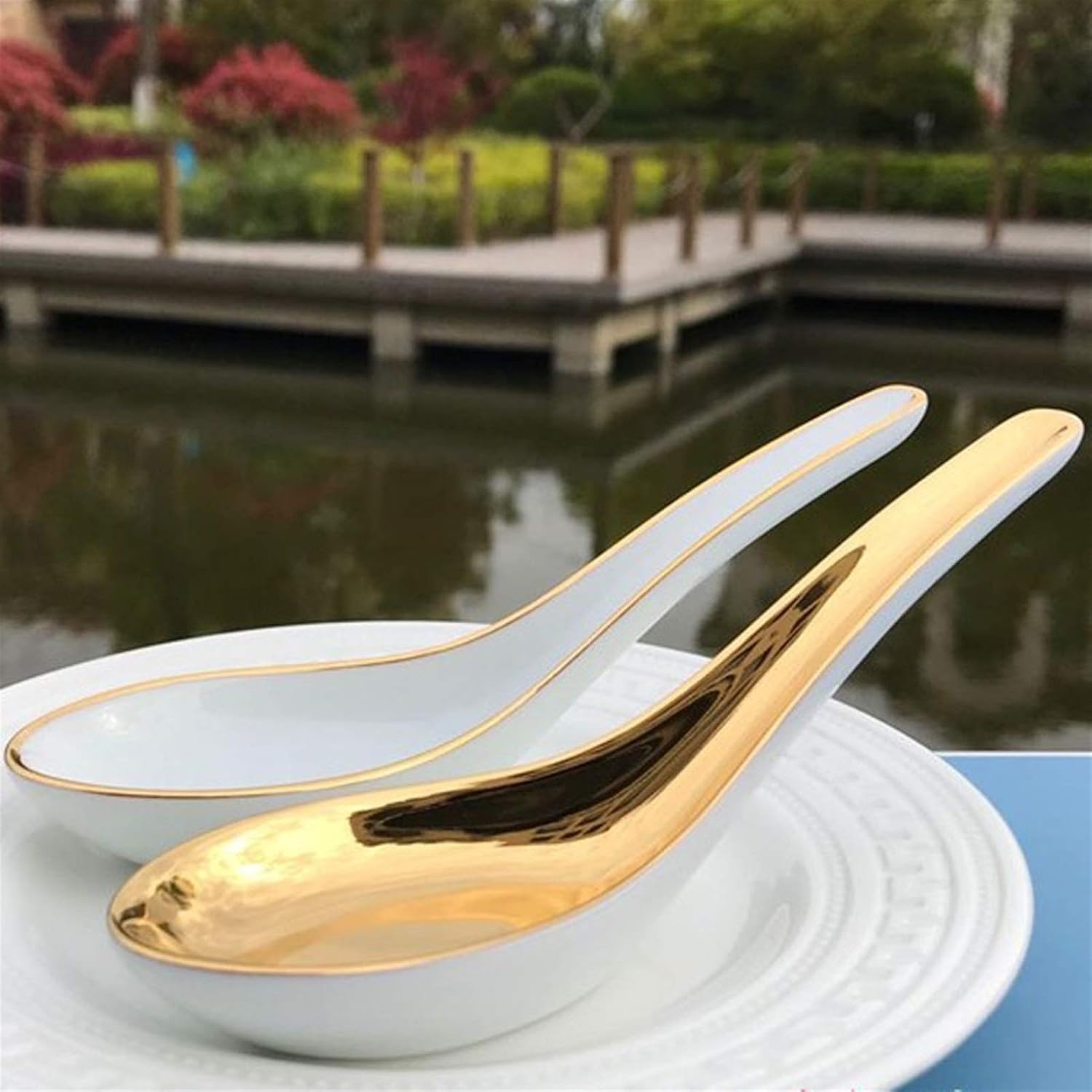 Scoop Ceramic Spoon High-end Full Gold Half-Gold Spoon Tableware 5.1x1.6 Inches Long Soup Spoon (Color : A)