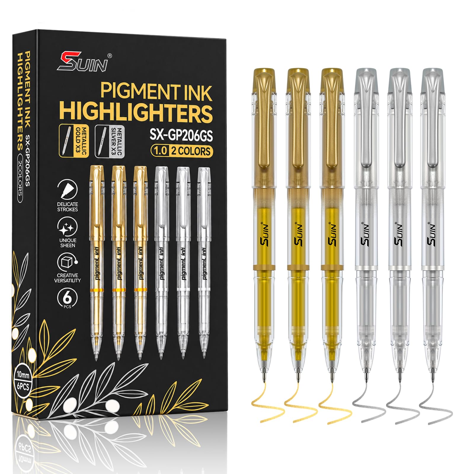 SUIN Gold Silver Gel Pens for Black Paper, 1.0mm Broad Point Opaque Metallic Ink Pens for Wedding Guest Books, Greetings Cards, Scrapbooking & Art Highlights, Cap-Style (6 Pack)