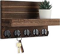 Lwenki Paulownia Wood Wall Key Holder with Shelf & Large Hooks - Entryway Organizer for Keys, Mail, Bags, Coats (9.8"W x 6.7"H x 4.2"D, Brown)