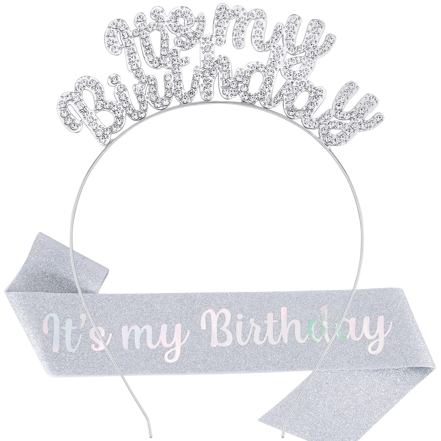 Chanaco Birthday Crowns & Sash Set, Women's Tiara & Sash for Birthday Celebrations (Silver)