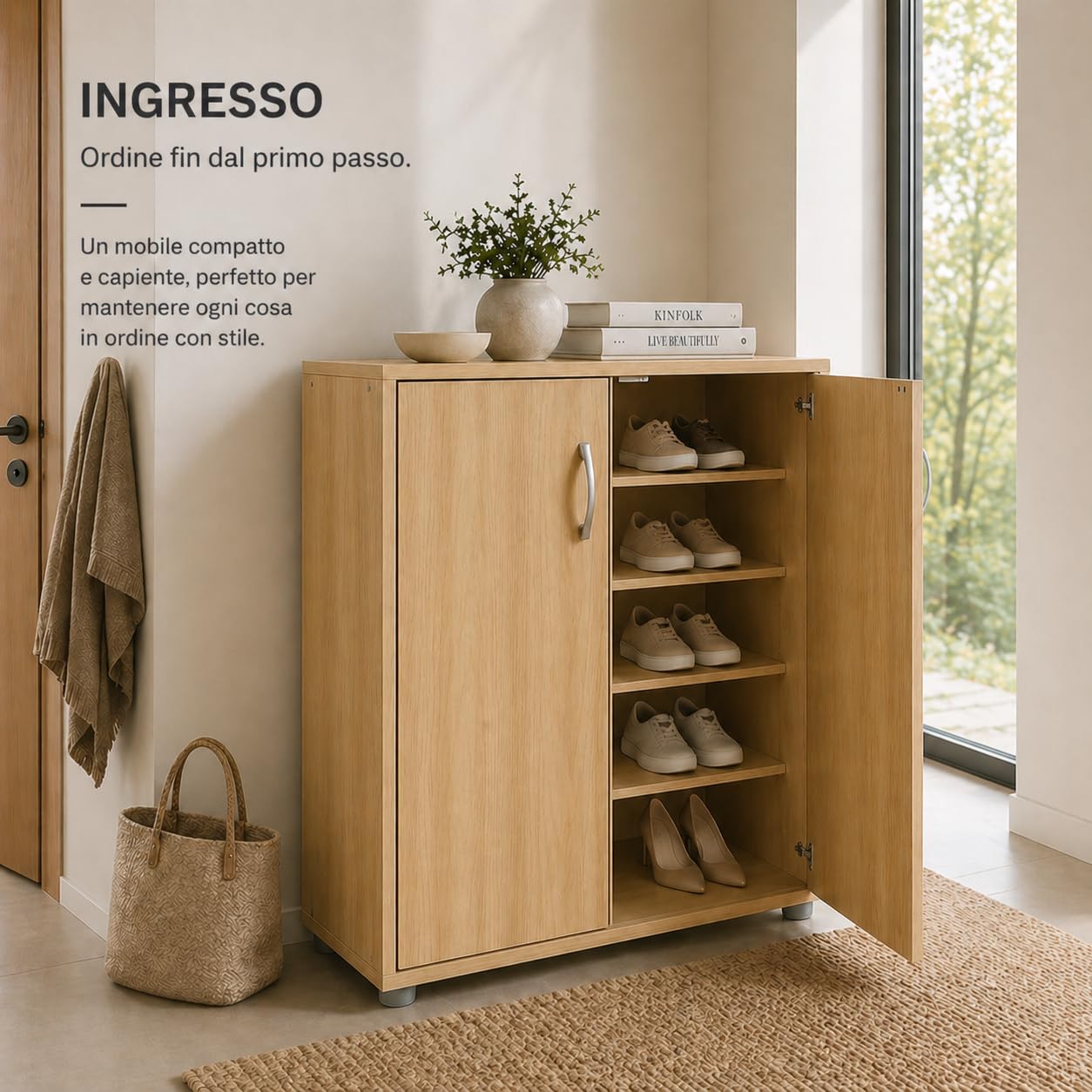 Mobile Scarpiera in Legno 4 Ripiani 60X30X83.5CM - Salvaspazio, Multiuso, 2 Ante, con Maniglie, Compatta, Versatile, d'Arredo, Camera da Letto, Ingresso, Organizer - Effetto Venato (Rovere)