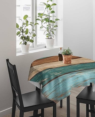 Miniatura 4 de Mantel turquesa verde azulado impermeable a prueba de aceite, mantel cuadrado de madera retro verde y marrón para exteriores, mantel para mesa de