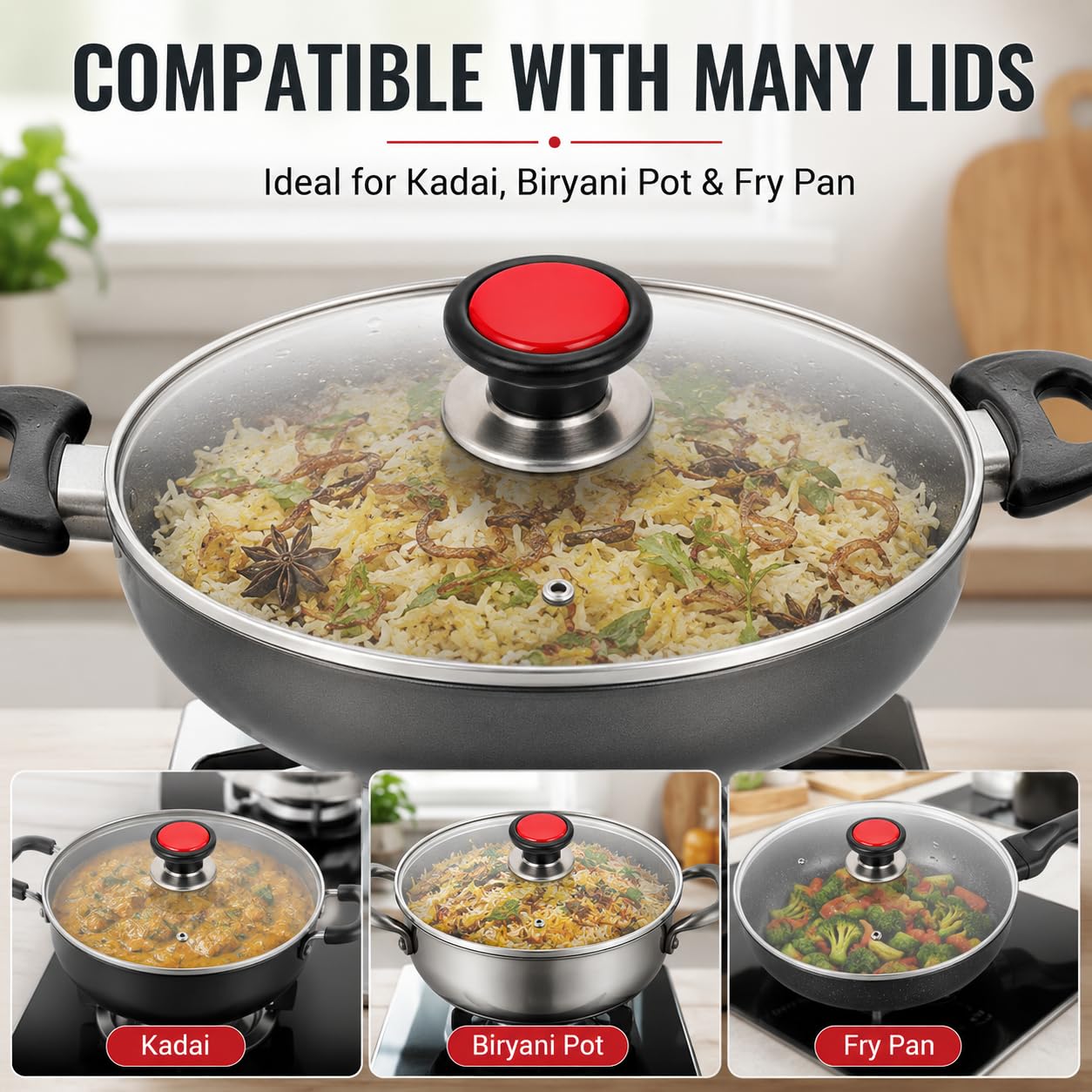 MAPPERZ Universal Glass Lid Knob Handle, Black and Red 5.5 cm Base, 4.5 cm Top, 3 cm Height, Compatible with Kadai, Biryani Pot, Fry Pan Round Cap Handle with Adjustable Screw (Pack Of 1) — Amazon image 2