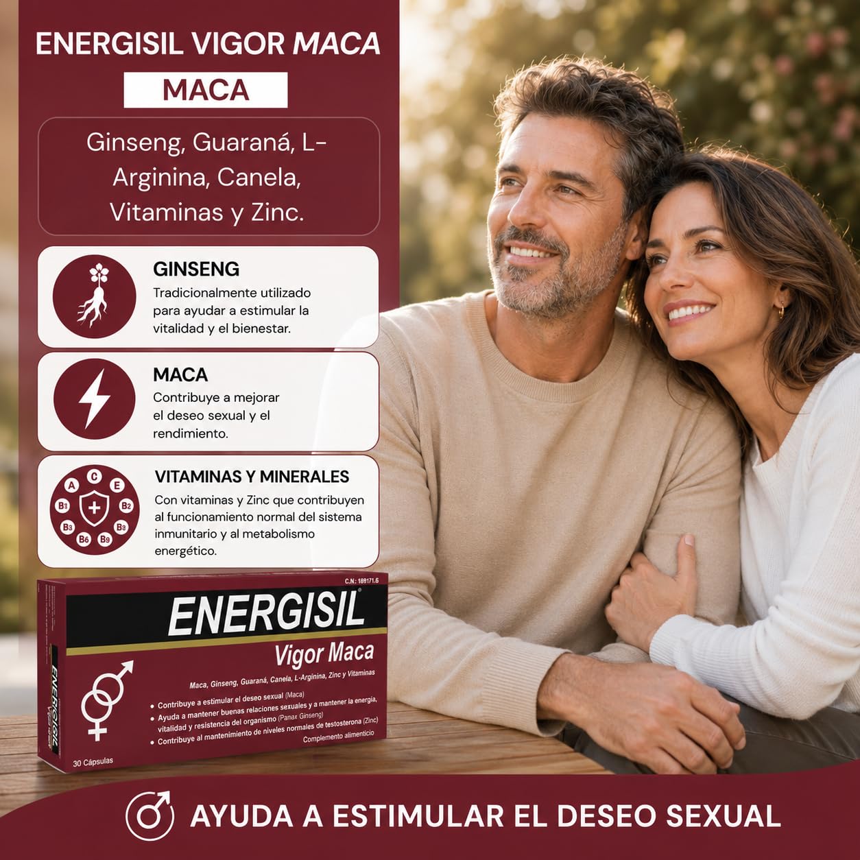 Energisil Vigor Maca 30 Cápsulas - Pack de 3 Unidades - Contribuye a Estimular el Deseo Sexual y a Mantener los Niveles de Testosterona - con Maca, Ginseng, Canela, L- Arginina, Zinc y Vitaminas