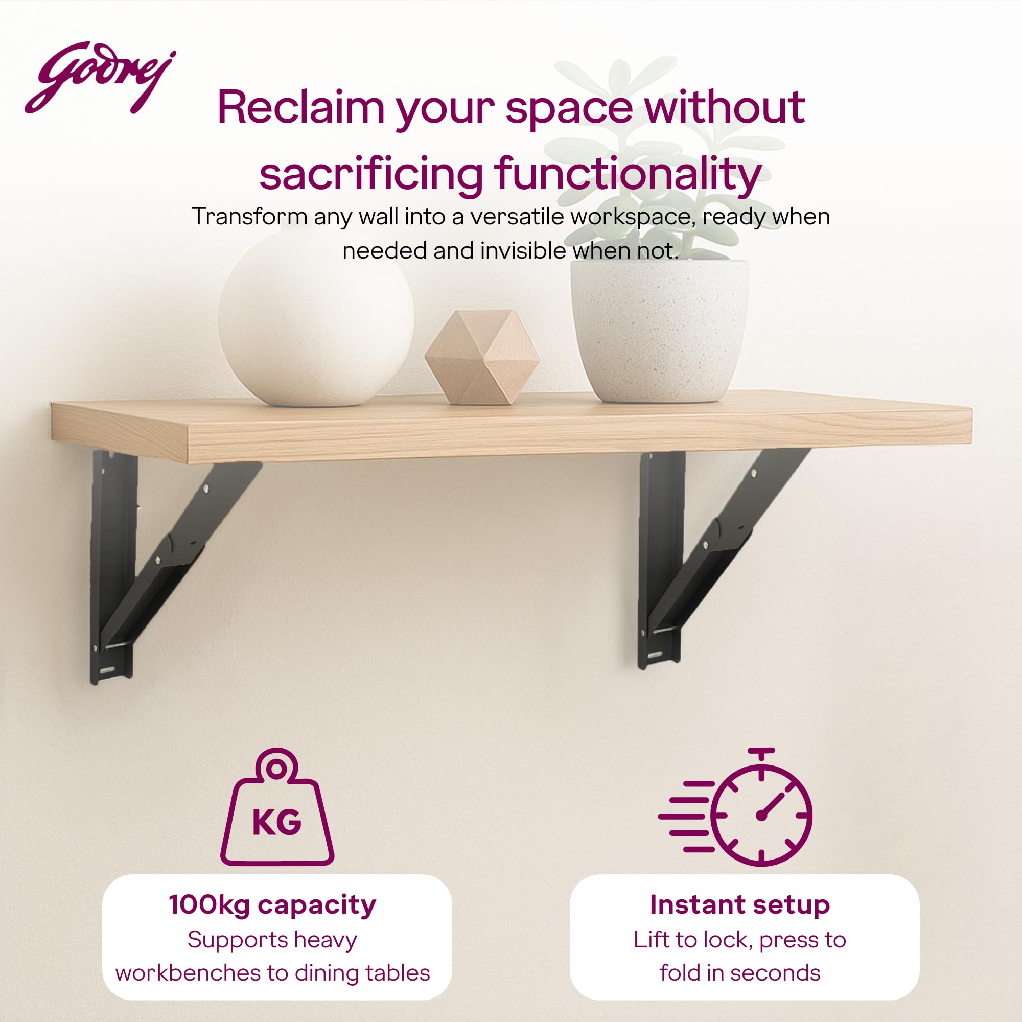 Godrej Furniture Fitting I Wall Mount Folding Table/Shelf Brackets (16 inch / 400mm, 100kg Capacity, 2 Units) ||Steel Fold-Down Bracket for Wall Mounted Tables, Desk with 1 Year Warranty — Amazon image 2