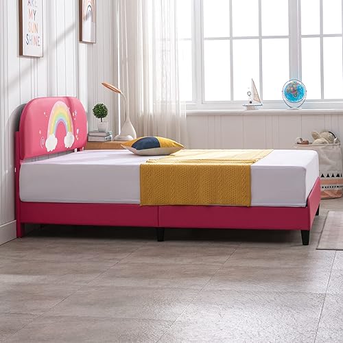 Miniatura 3 de ZAFLY Marco de cama de tamaño matrimonial para niños, marco de cama para niños con cabecera tapizada, cabecera y estribo curvados, marco de cama de