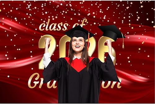 Miniatura 3 de Baocicco Telón de fondo de 7 x 5 pies para fotografía de graduación de la clase dorada de 2025, gorra de soltero negra, tela de seda de lujo roja,
