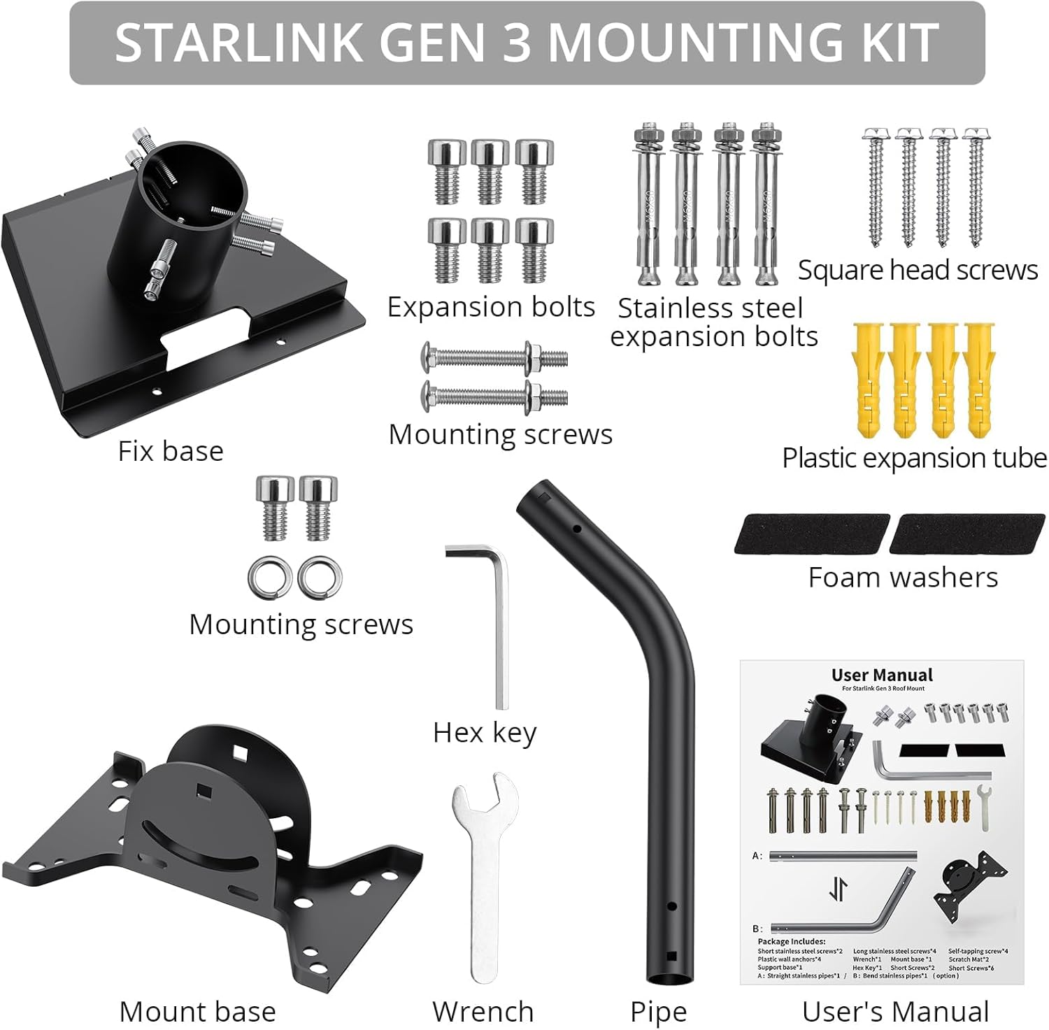 Justech Starlink Gen 3 Mount, 360° Adjustable Aluminum Alloy Wall/Roof Starlink Mounting Kit, Pole Mount Pipe Adapter for Better Signal Compatible with V3 Starlink Standard Dish