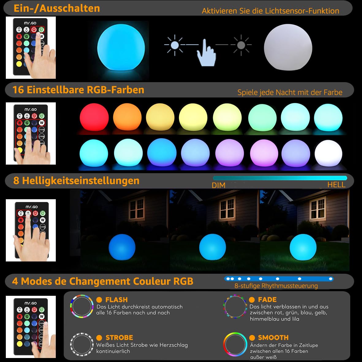 Mr.Go 10" Solarlampen für Außen LED Lampe Kugel mit Erdspieß, Wasserdicht Solarleuchten Jardin Leuchtkugel Dekorative Nachtlicht, 16 Rgb Farben, Dimmbare Helligkeit, Farbwechsel, Fernbedienung