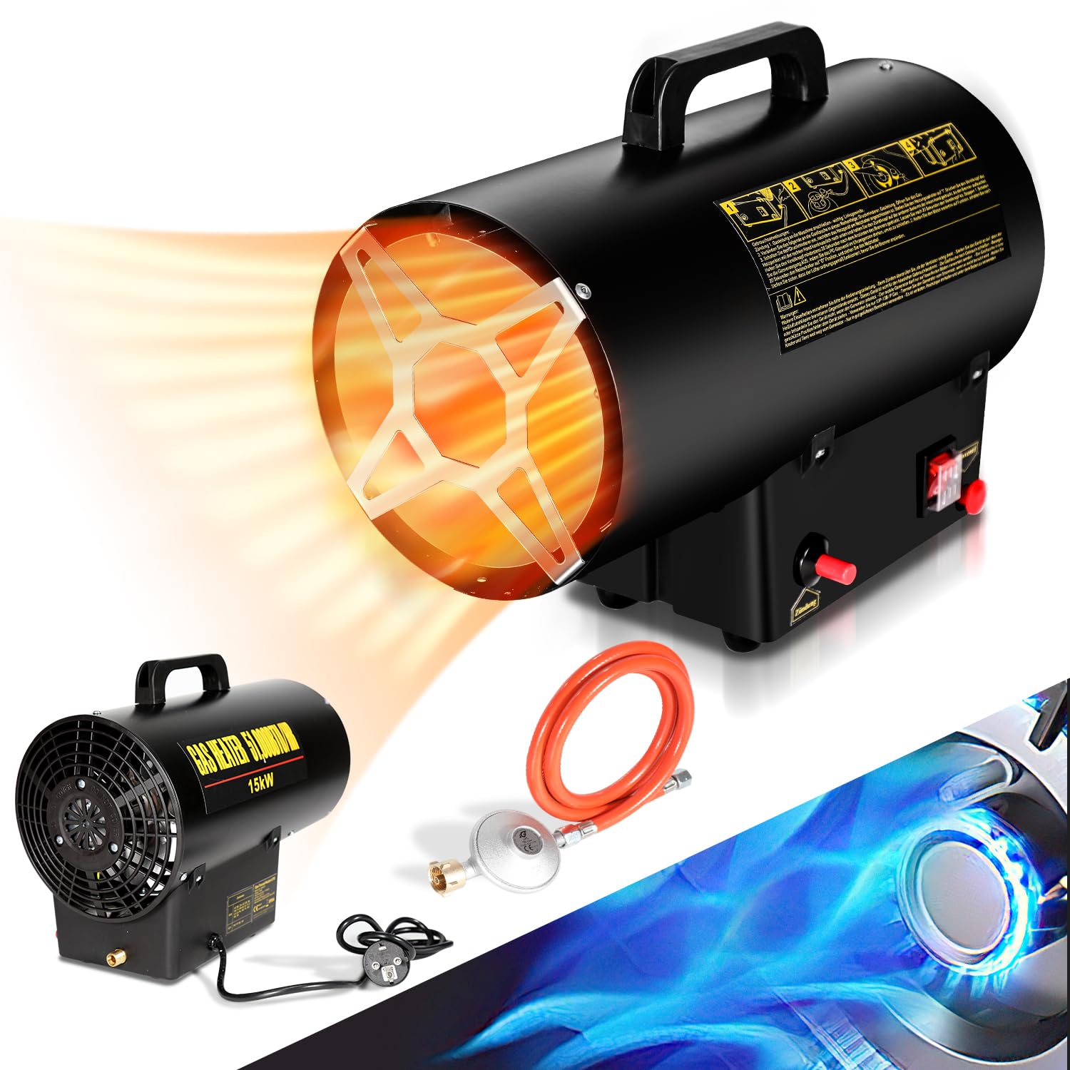Gasheizgebläse 15 KW Gasheizer Heizkanone,gasheizung für innenräume, 700 mbar Gasheizstrahler inkl. 1.2m Verbindungschlauch, IPX4, Bauheizer für Gasflasche, Strahlungsbereich ca.225㎡