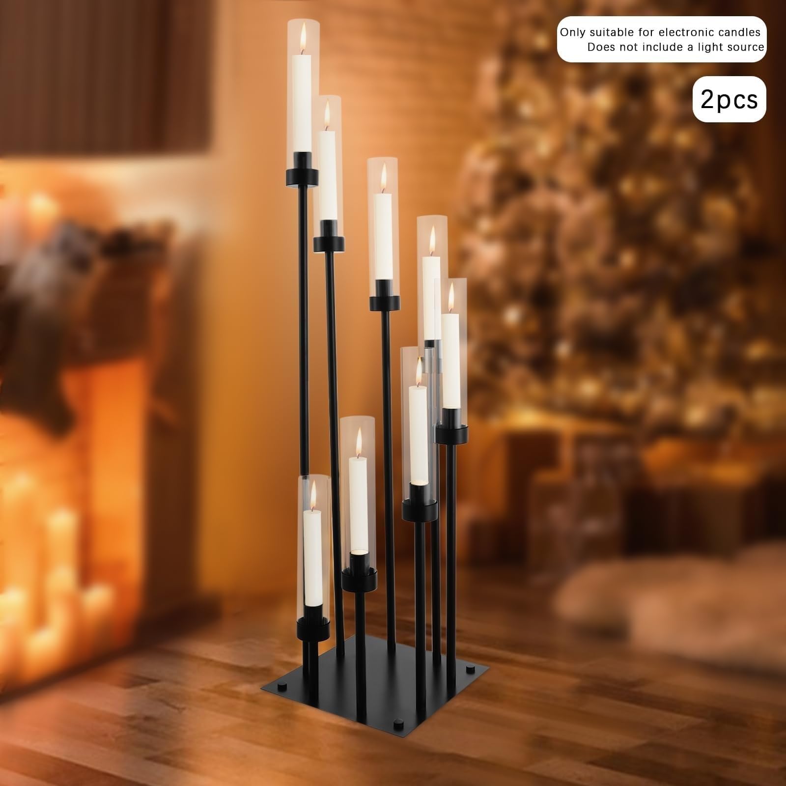 Lot De 2 Bougeoirs À 8 Branches, Centres De Table pour Bougies, avec Abat-Jour en Acrylique De Protection, Candélabres en Métal Noir pour Décoration De Mariage, Dîner Et Fêtes