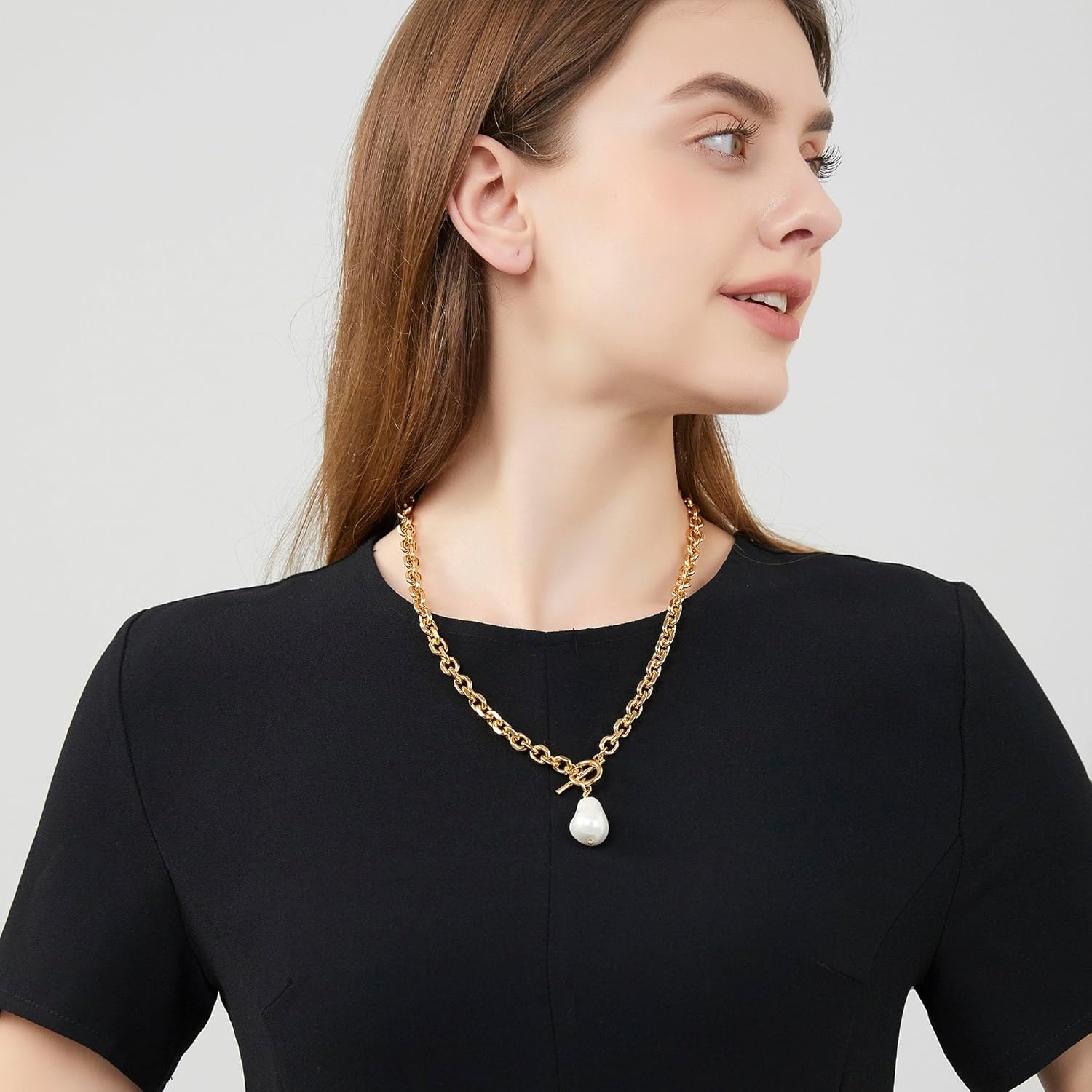 Link Chain Toggle Clasp Baroque Pearl Necklace for Women 14k Gold Plated Charm Pendant Chunky Necklaces For Women Trendy - Image 6