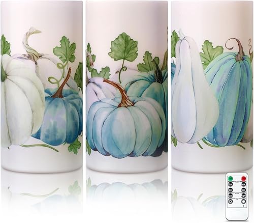 ROCEEI Paquete de 3 velas LED de cera real sin llama de calabaza de otoño color blanco y azul, para otoño, cosecha de Acción de Gracias, decoración