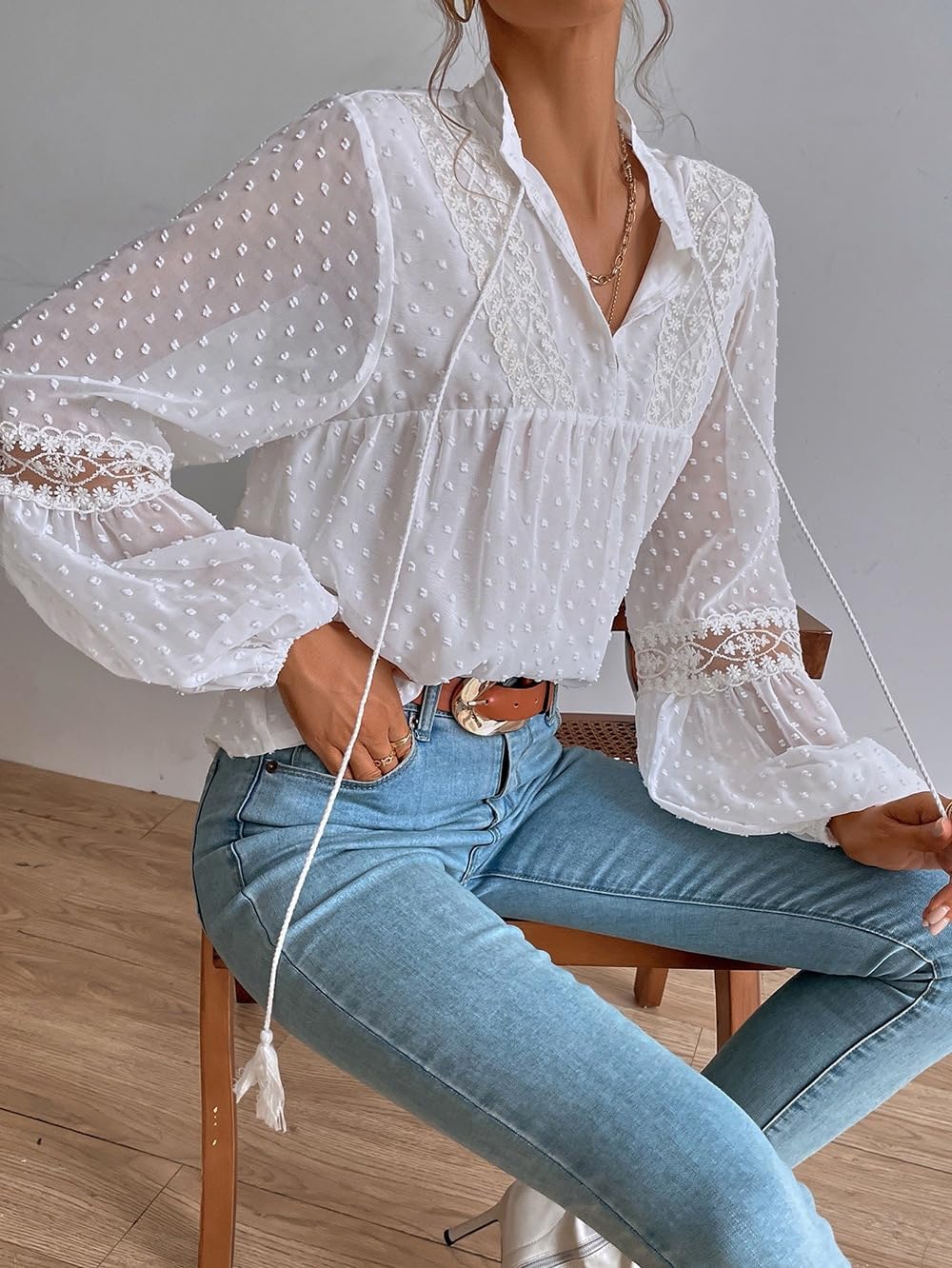 Womens Lantern Long Sleeve Shirt Polka Dot Lace V Neck Casual Blouses Loose Tie Front Drawstring Shirts - Image 3