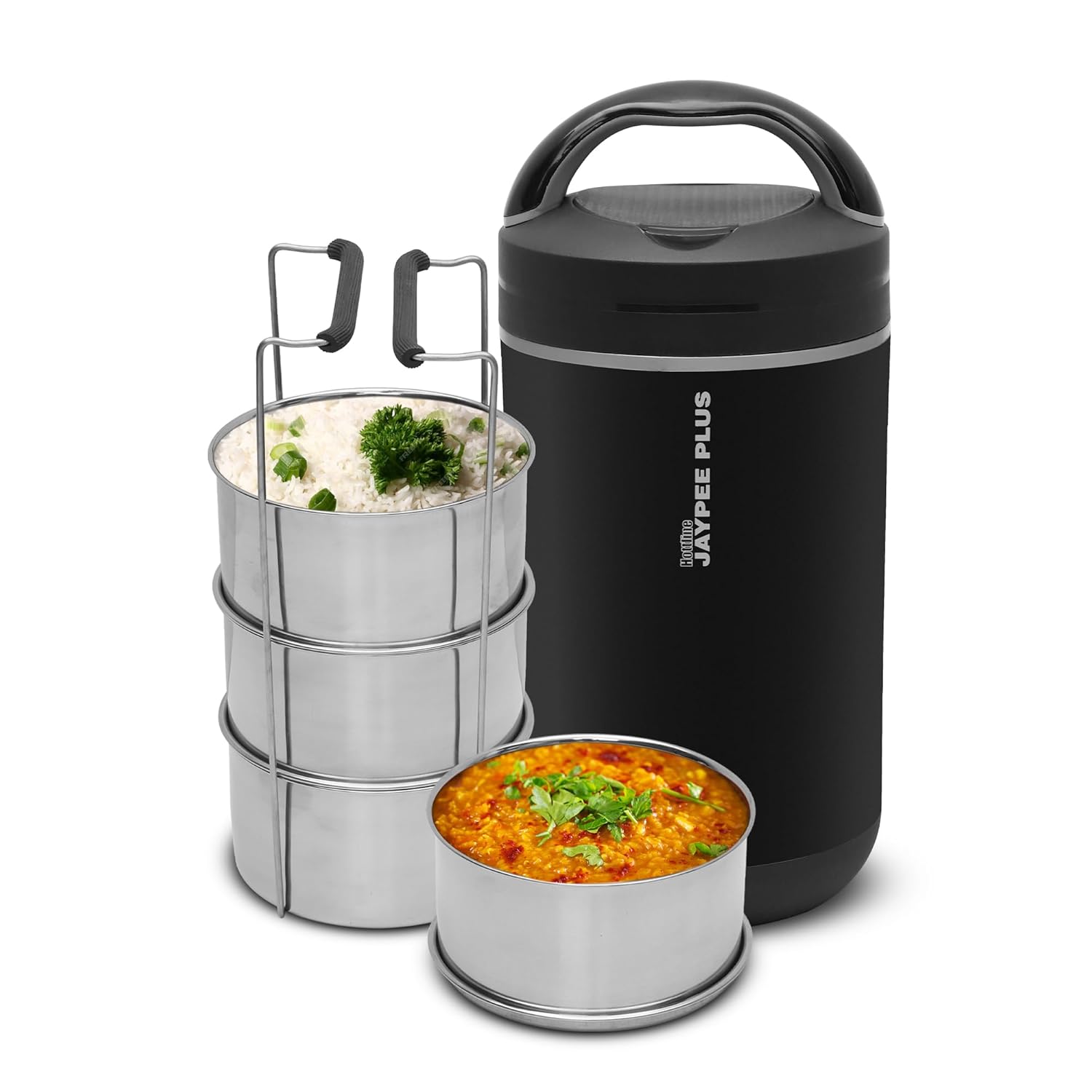 Jaypee Plus Hottline 4-320X4 ml Stainless Steel Electric Lunch Box for Men & Women|Shockproof Design|BPA Free|Reheat Food in 30 Minutes|Convenience case for Power Cord|Inbuilt Thermostat,Black