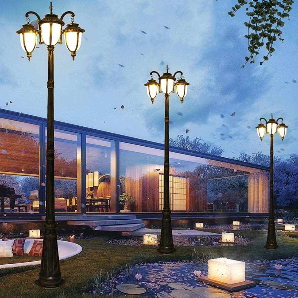 European Lawn Street High Pole Glass Pillar Light 3-Lights E27 Retro Outdoor Waterproof Anti Rust Metal Aluminum Post Light Garden Villa Aisle Street (Brass Height 290cm)