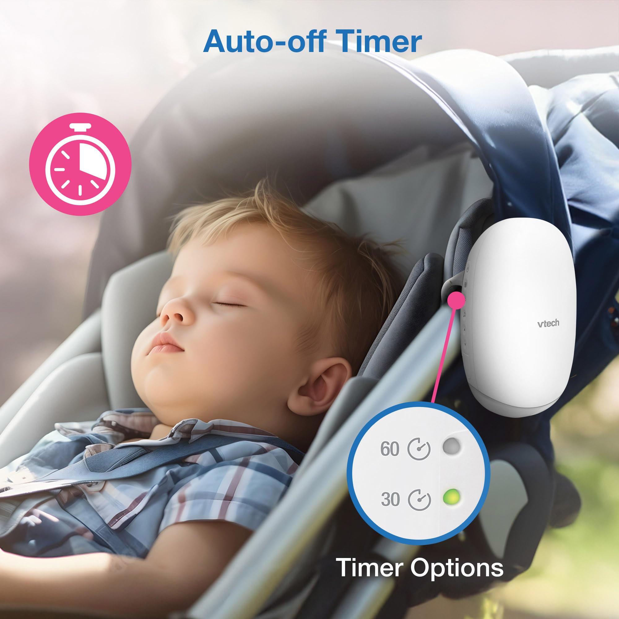 VTech Cochecito de bebé con luz nocturna ámbar, canciones dulces, sonidos relajantes, batería recargable de larga duración, USB-C, chupete portátil, movimientos de balanceo ajustables y volumen