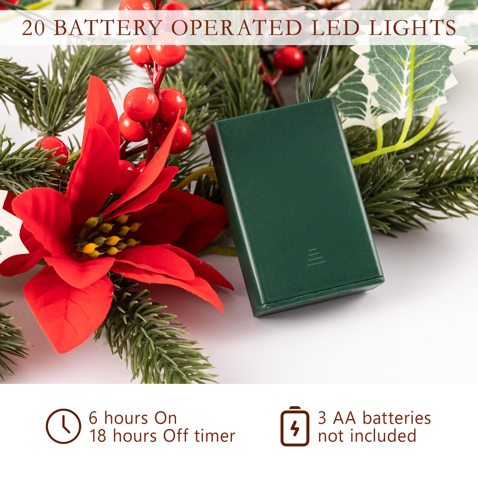 Christmas Garland with Lights, Pre-lit 6.2 Feet of Naturally Dense Gold Poinsettias Garland for Decorating Rooms, Fireplaces, Chandeliers, Stairs