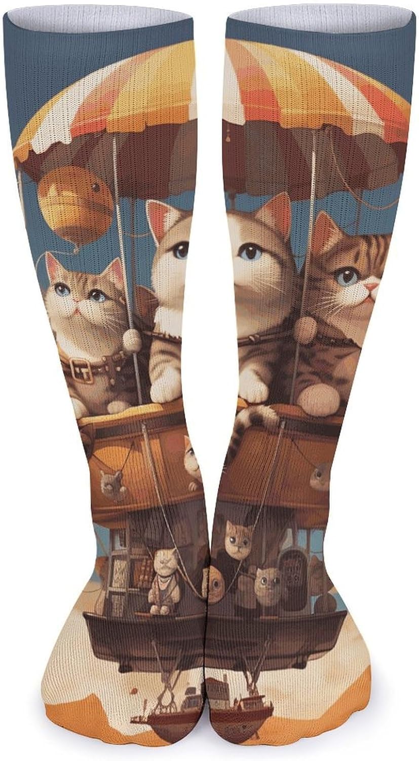 Breathable Crew Sock, Moisture Wicking, Athletic Calf Socks, Cozy | Cat And Hot Air Balloon Compression Socks for Women Men, Lightweight High Work Socks for Business, Casual