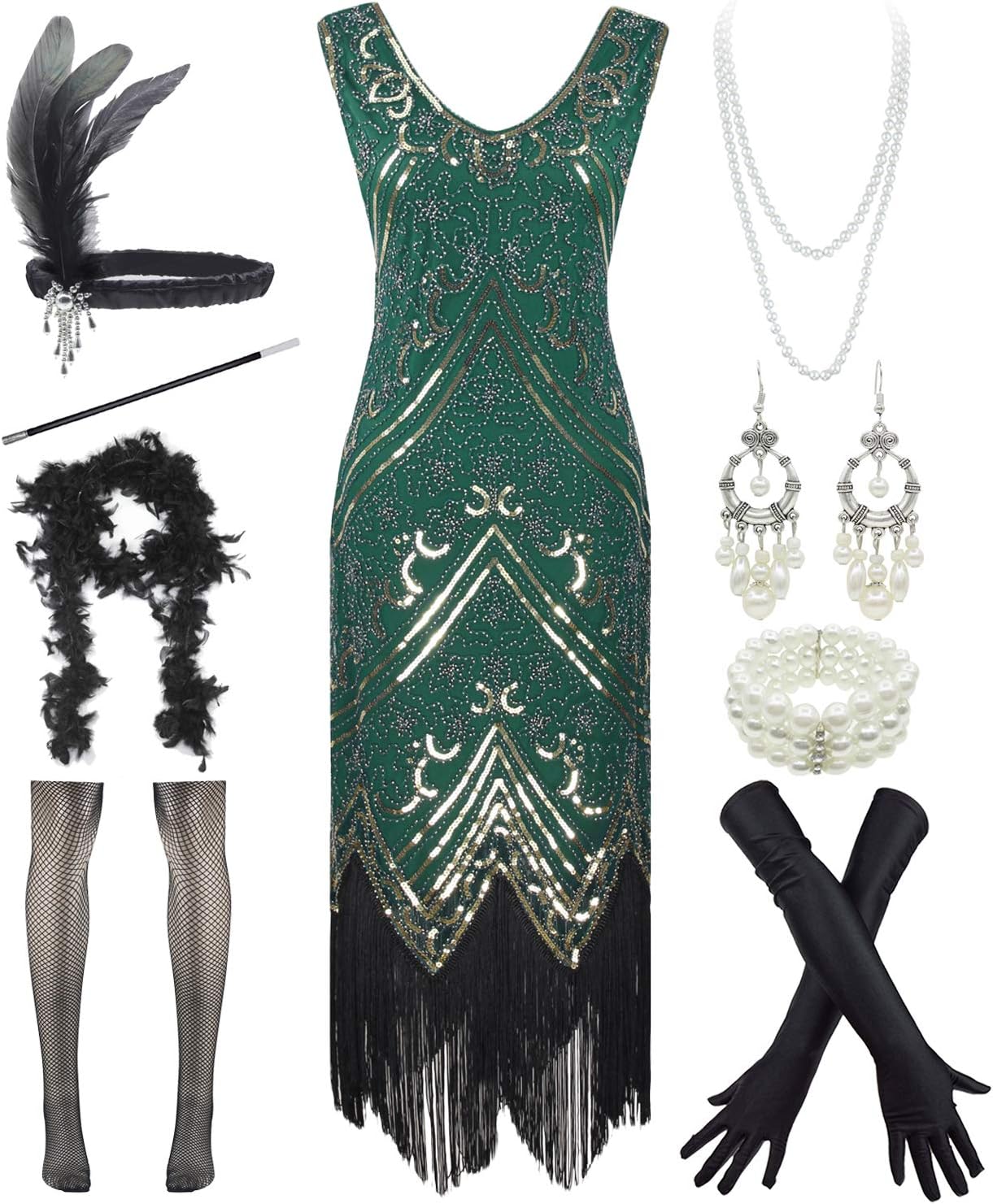 Stone 1920S Mermaid Flapper Gown Party Evening Dress With 20S Accessories Set, Style Flower Gold Green, Large