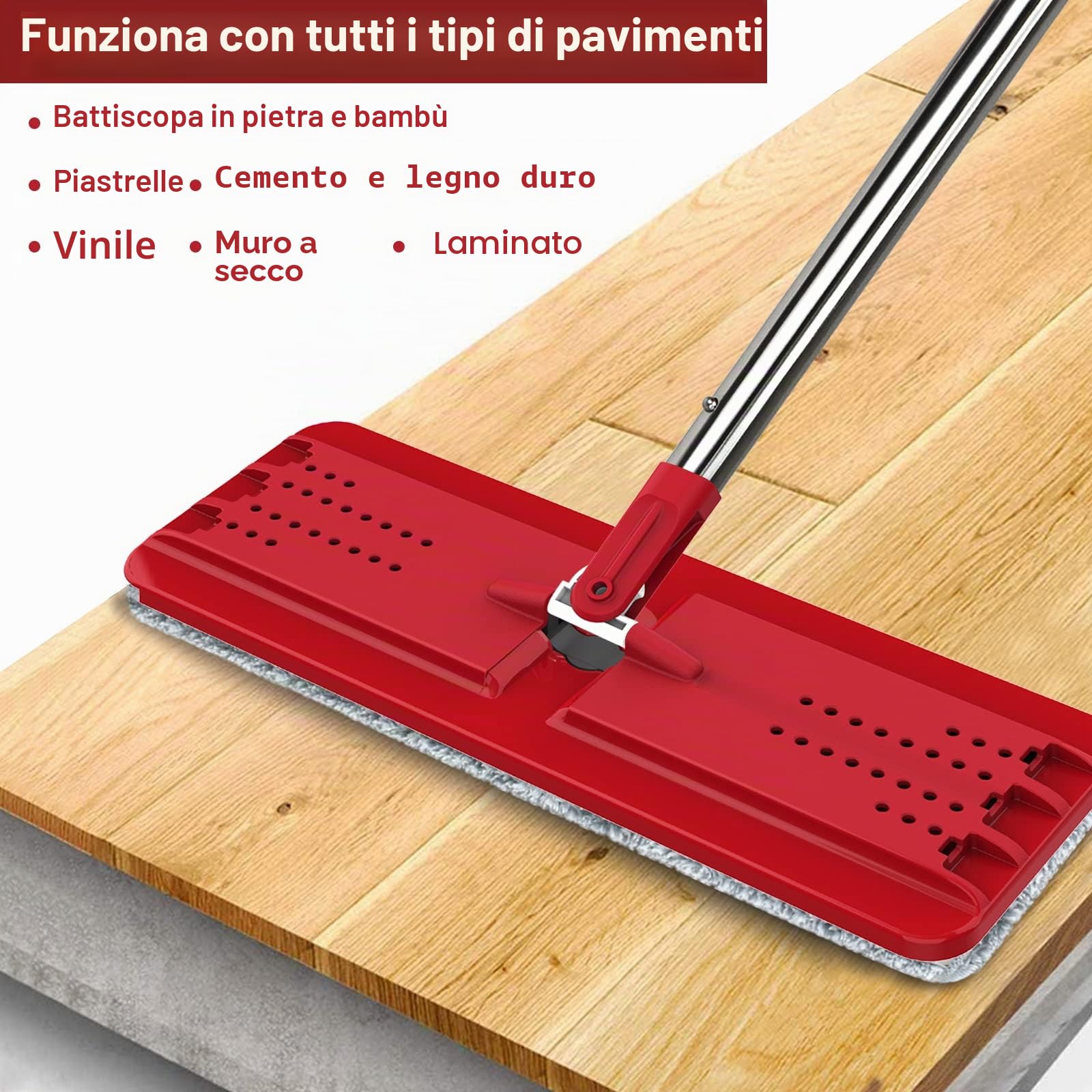 BOSHENG Mocio e secchio con strizzatore, mocio piatto e secchio mani libere, 3 panni in microfibra lavabili inclusi, uso bagnato e asciutto, sistema di pulizia del pavimento domestico, nero e rosso