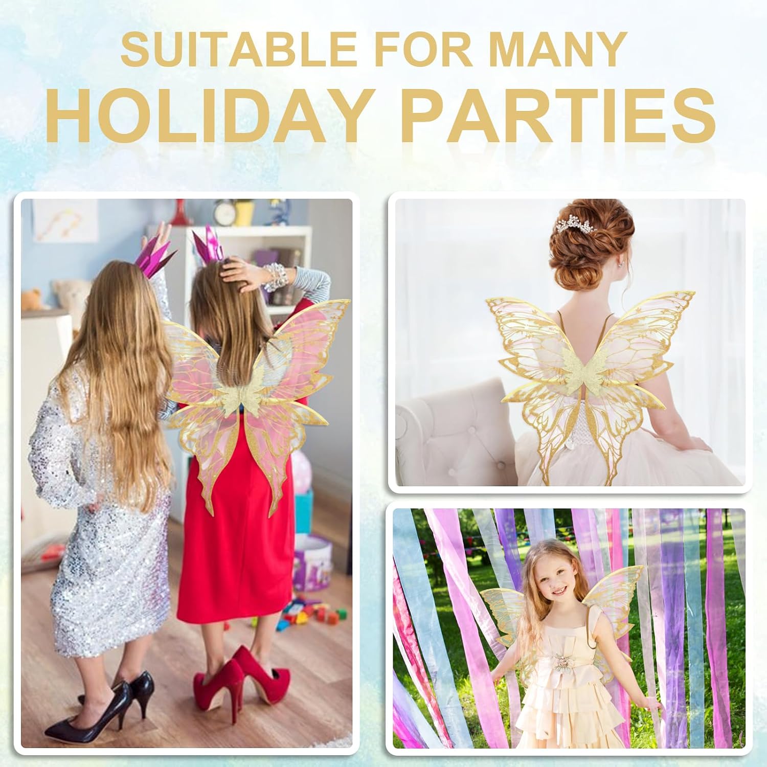 ALIBBON Large Fairy Wings Glitter Transparent Fairy Costume for Women Adults, Butterfly Wings Angel Elf Dress Up Accessories