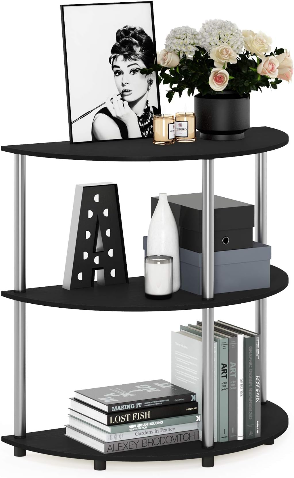 Furinno Frans Turn-N Half Round Console Table with Stainless Steel Tubes, Black Oak 15.6D x 31.1W x 30.8H in