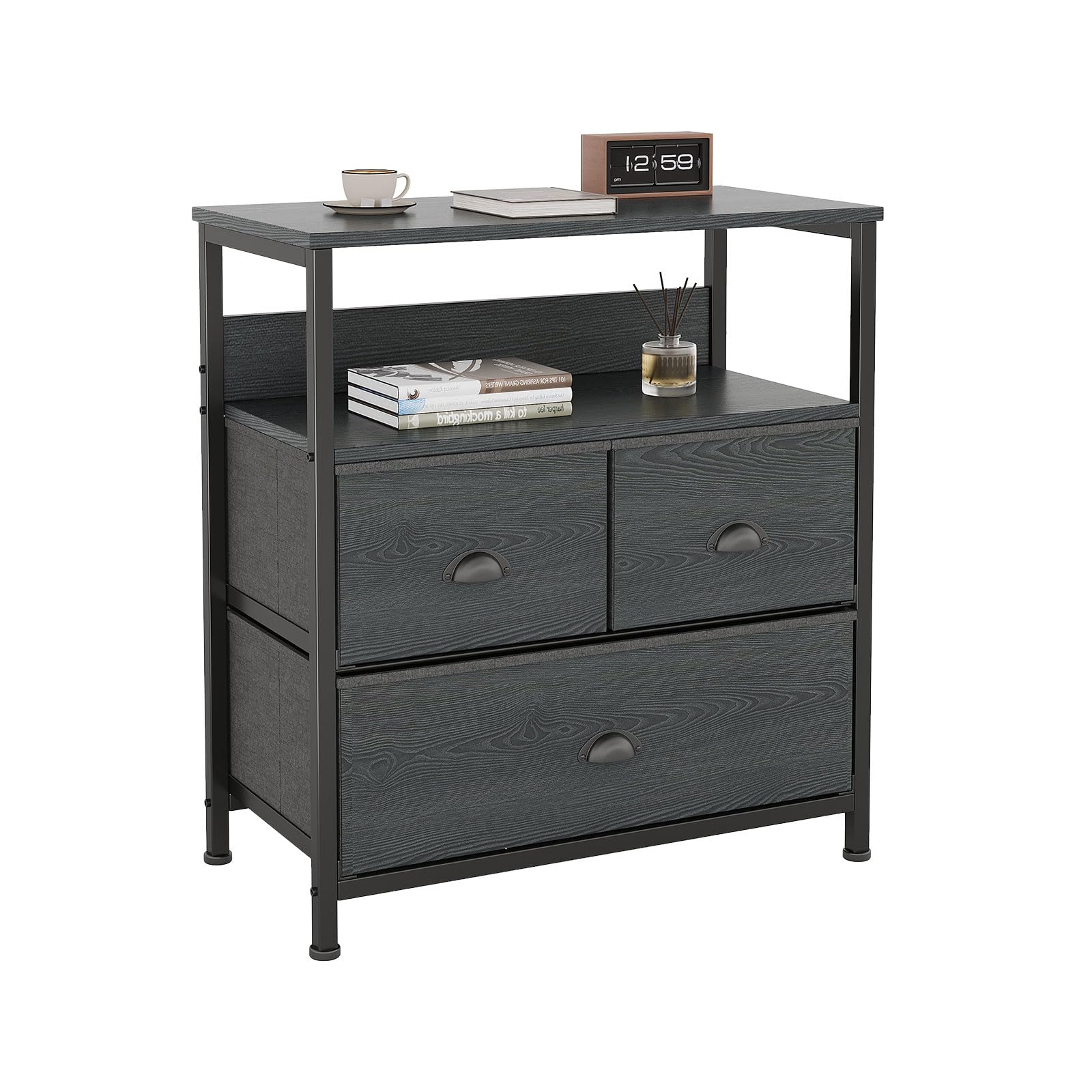 CAIYUN Bedside Table Cabinet with 3 Drawers for Bedroom, Nightstand Sofa Sid with Storage for Living Room, End Table with Metal Frame and Open Shelf, Wooden Nightstand, Black Wood Veins