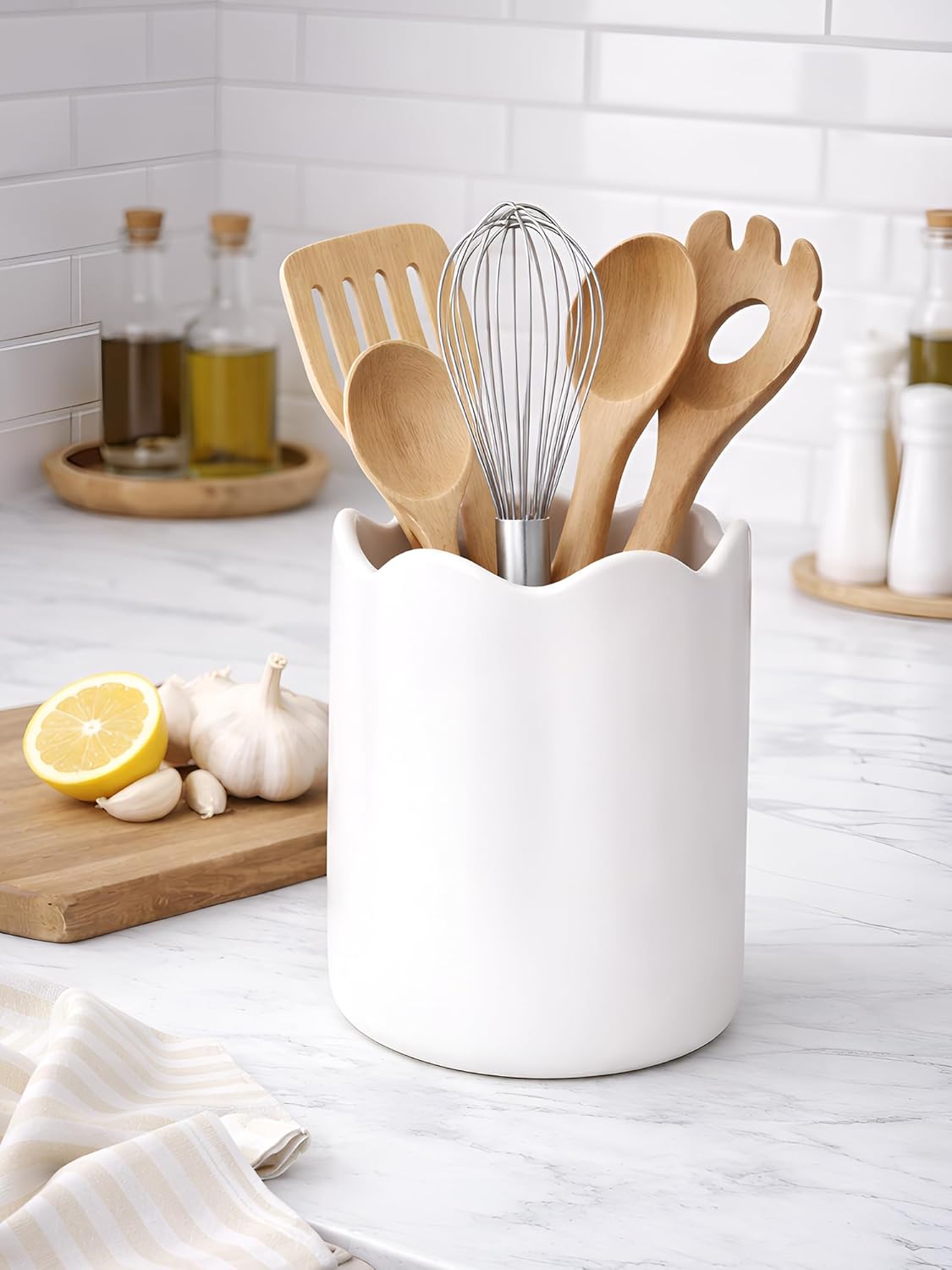 Ceramic Utensil Holder for Kitchen Counter, 7.1" Large Kitchen Utensil Holder for Countertop with Cork Bottom, Cooking Tool Organizer for Spatula, Matte White