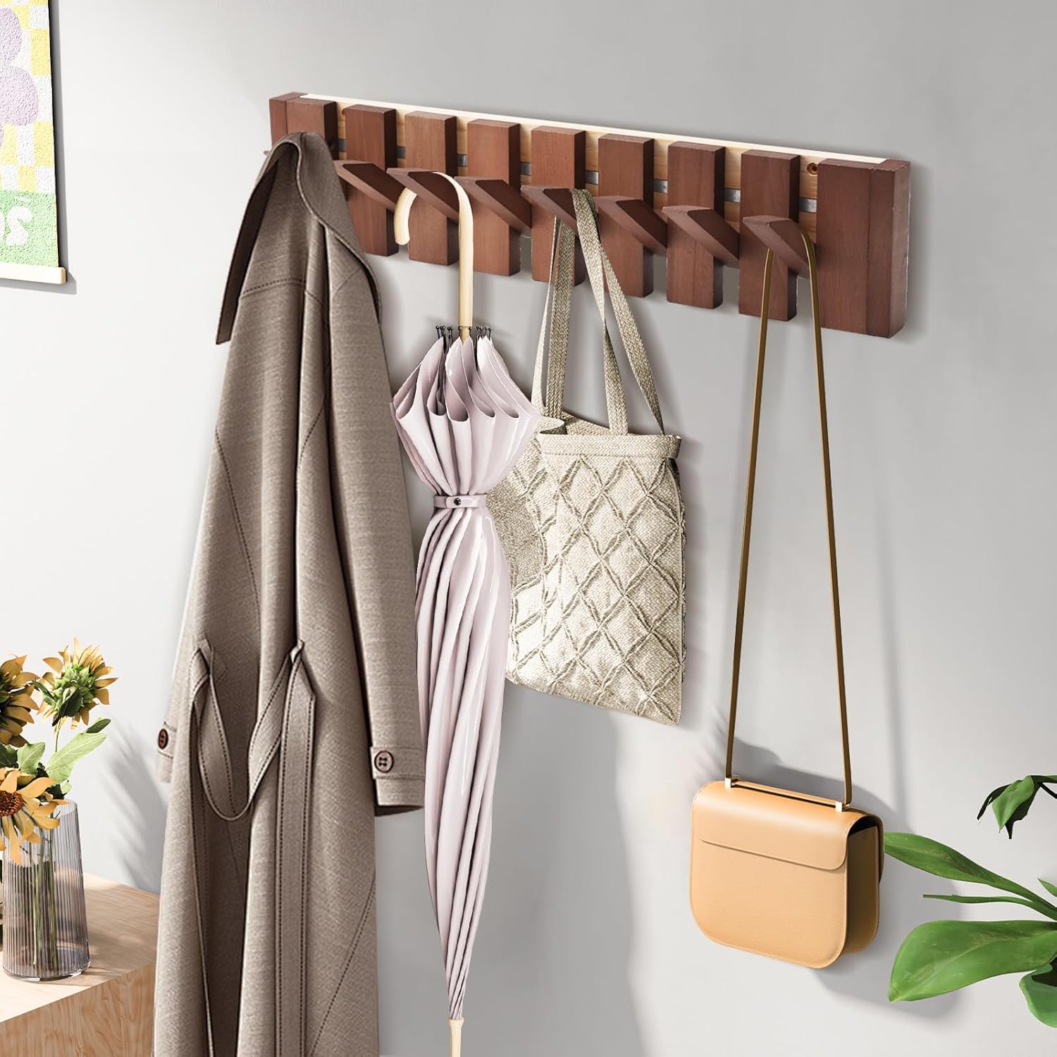 Wall Mounted Piano Coat Rack with 8 Magnetic Flip Down Hooks, Natural Wood Coat Rack for Entryway, Hallway, Bedroom, Heavy Duty Coat Hooks for Coats, Keys, Hats, Bags, Towels & More
