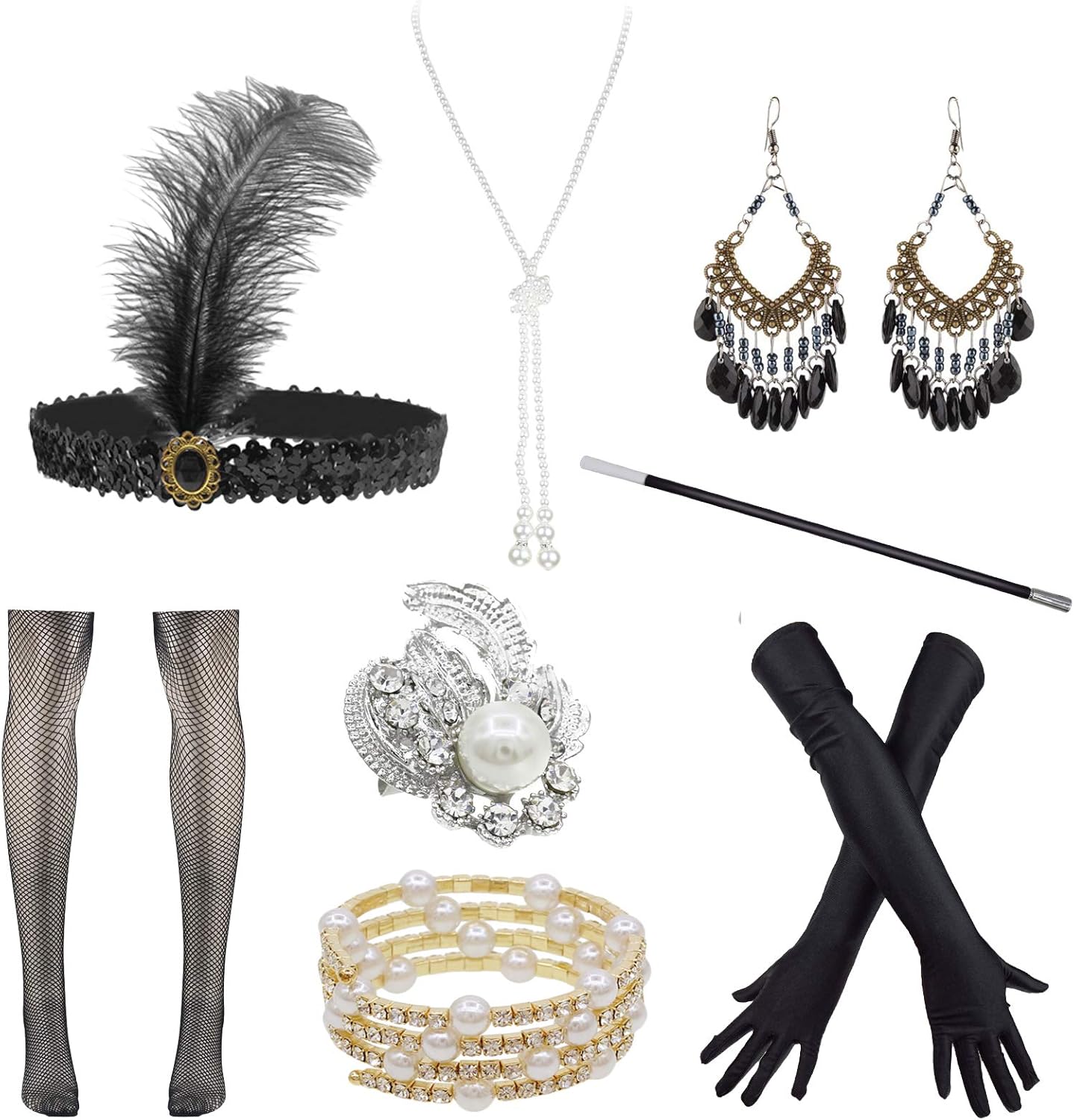 Women 1920s 1930s Gatsby Cocktail Flapper Mardi-Gras Costume Dress 20S Headband Accessories Set - Image 5