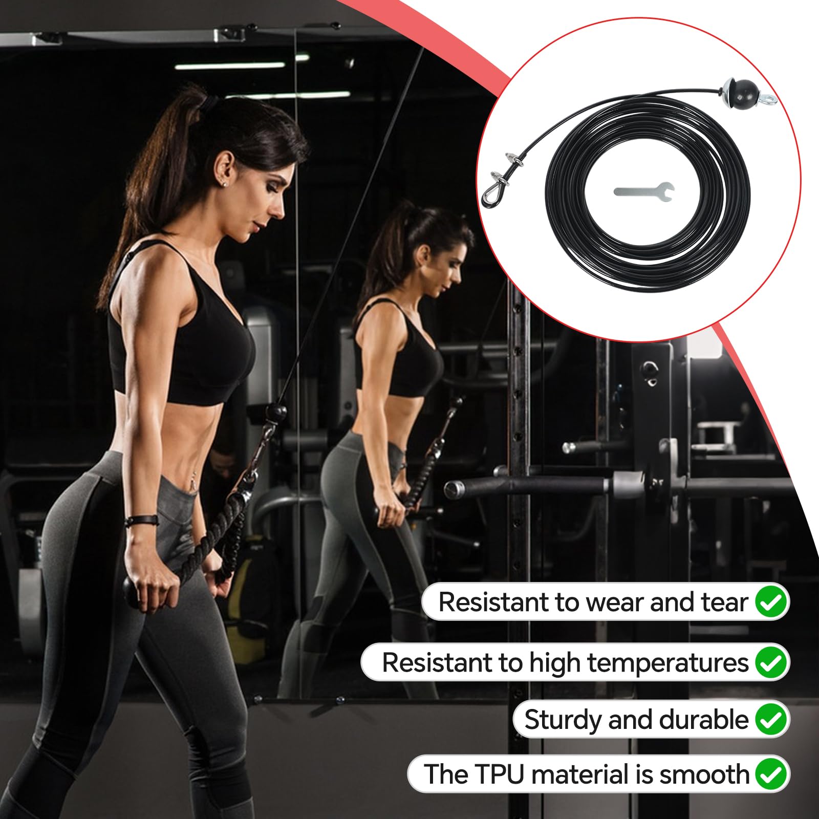 Cavo in acciaio per attrezzi da fitness, 10 m, 5 mm, cavo da palestra con rivestimento in poliuretano per trazioni e stazione di forza, cavo di ricambio per sistema a pulegge per palestra