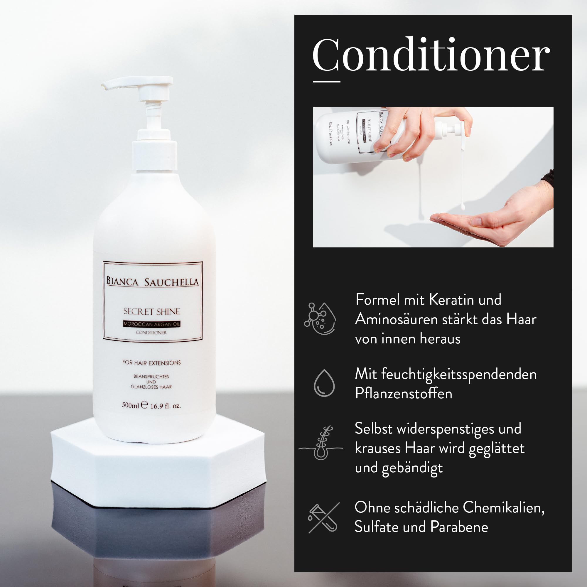 Secret Shine Set – Arganöl Shampoo, Conditioner, Haarmaske & Haaröl mit Collagen & Vitamin B3 – Pflege für glänzendes Haar & Echthaar-Extensions, parabenfrei
