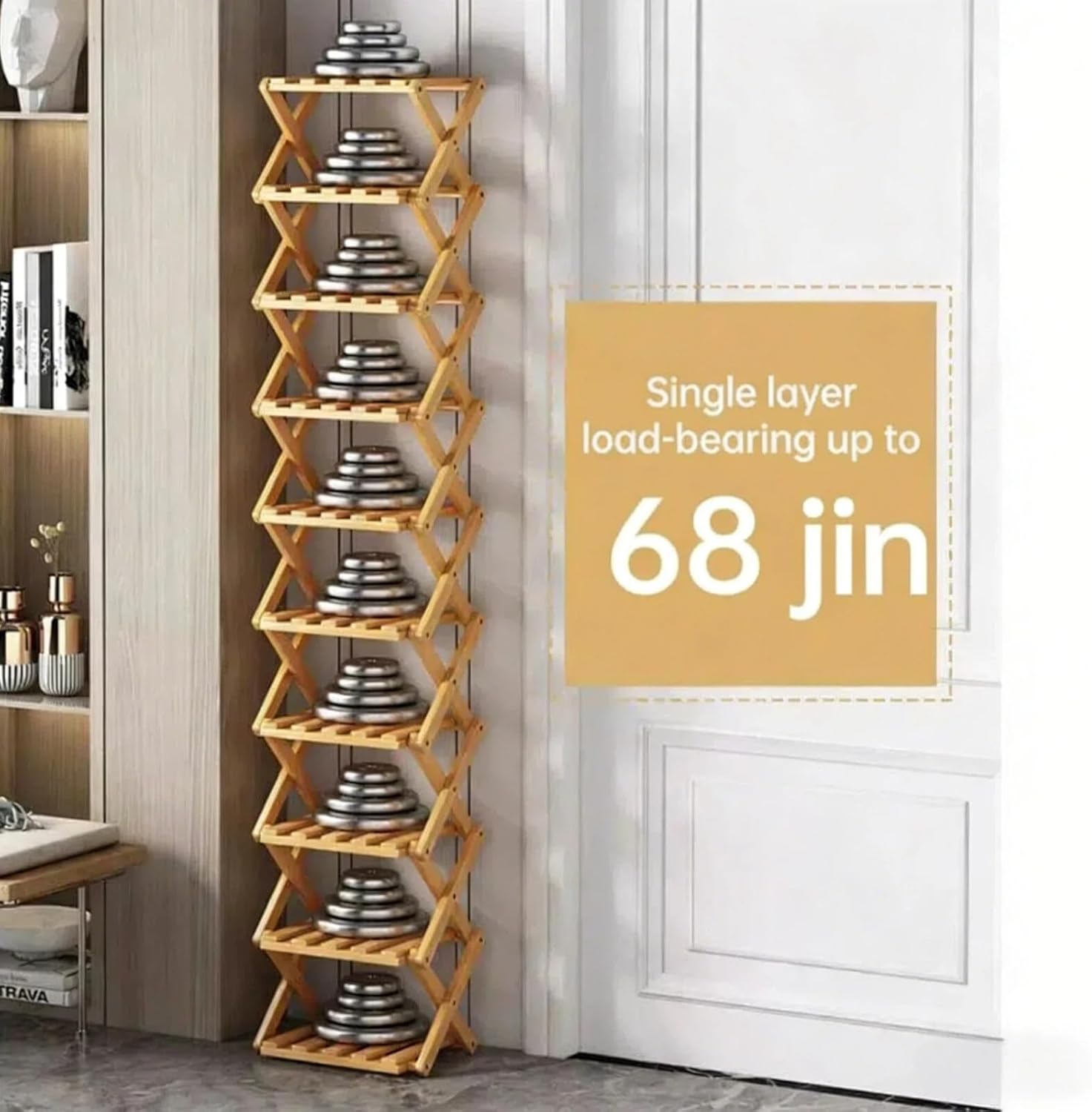 Foldable Bamboo Shoe Rack, 9-Tier No Assembly Shoe Organizer, Space-Saving Free Standing Shoe Storage Shelf for Entryway, Hallway, Closet, Holds 9-18 Pairs of Shoes, Natural Bamboo Finish (Nature)