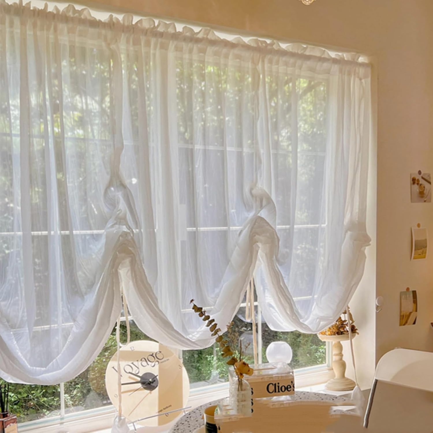 Roman Lace Balloon Curtain French Style Sheer Curtain for Bedroom Adjustable Ruffled Window Valance for Bedroom, Bathroom, Living Room, Kitchen, Cafe,1 Panel, 55 x 47 Inch