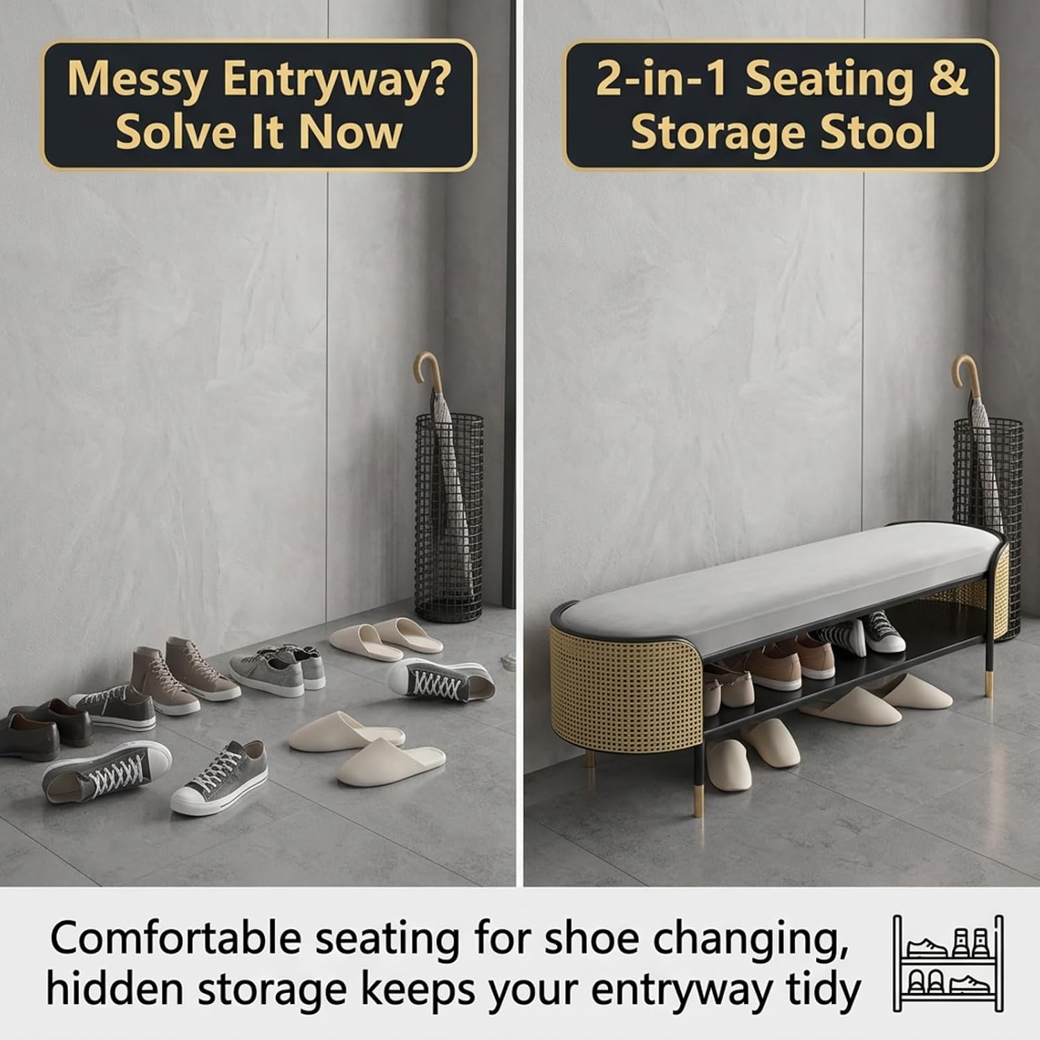 Modern Rattan Shoe Bench, Upholstered Entryway Bench with Storage Rack