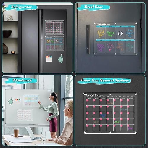 Miniatura 7 de Calendario magnético para refrigerador, 2 juegos de calendarios de refrigerador con imán, calendario mensual y semanal acrílico de 16 x 12 pulgadas,