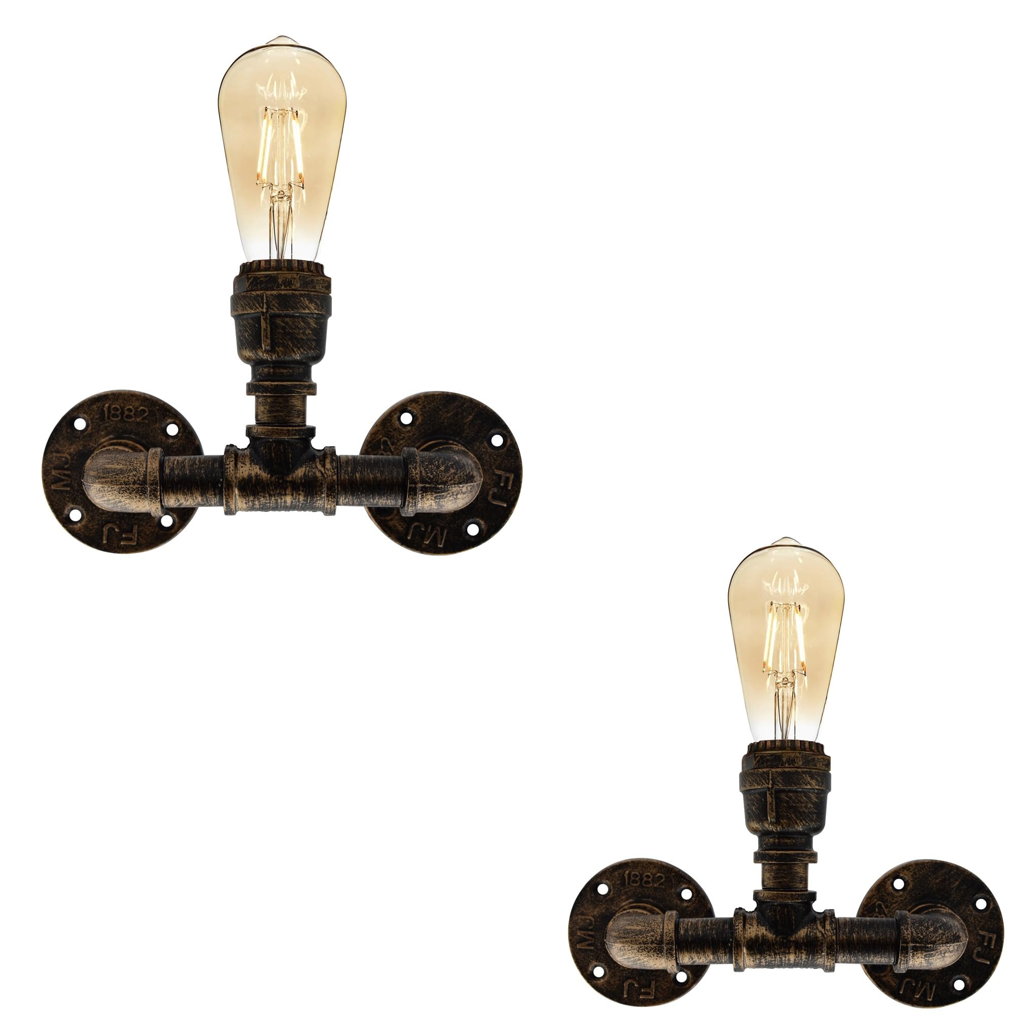 DC VOLTAGE Vintage Water Pipe Wall Light Fixtures Creative Metal Steampunk Pipe Retro Wall Lamp E27 60W Max for Bedroom Kitchen Cafe Hotel Bar Pub Farmhouse (Brushed Copper - 2 Pack)